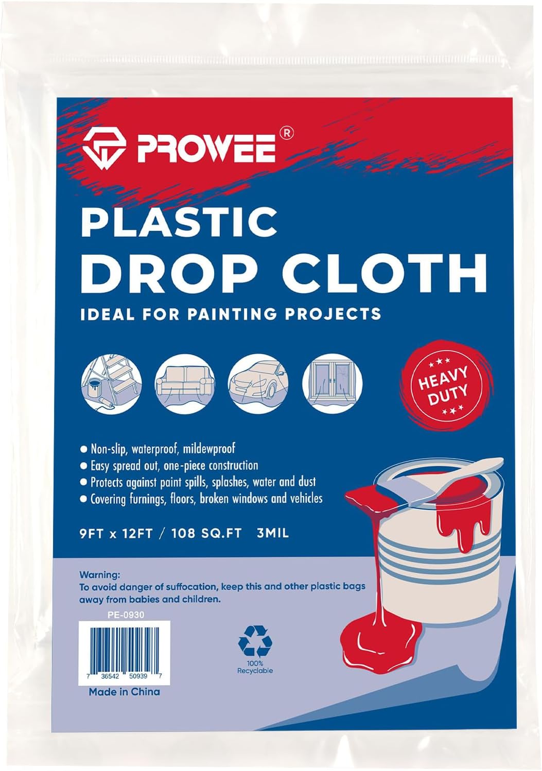 TopSoon Paint Cloth Heavy Duty Plastic Drop Cloth 10Feet