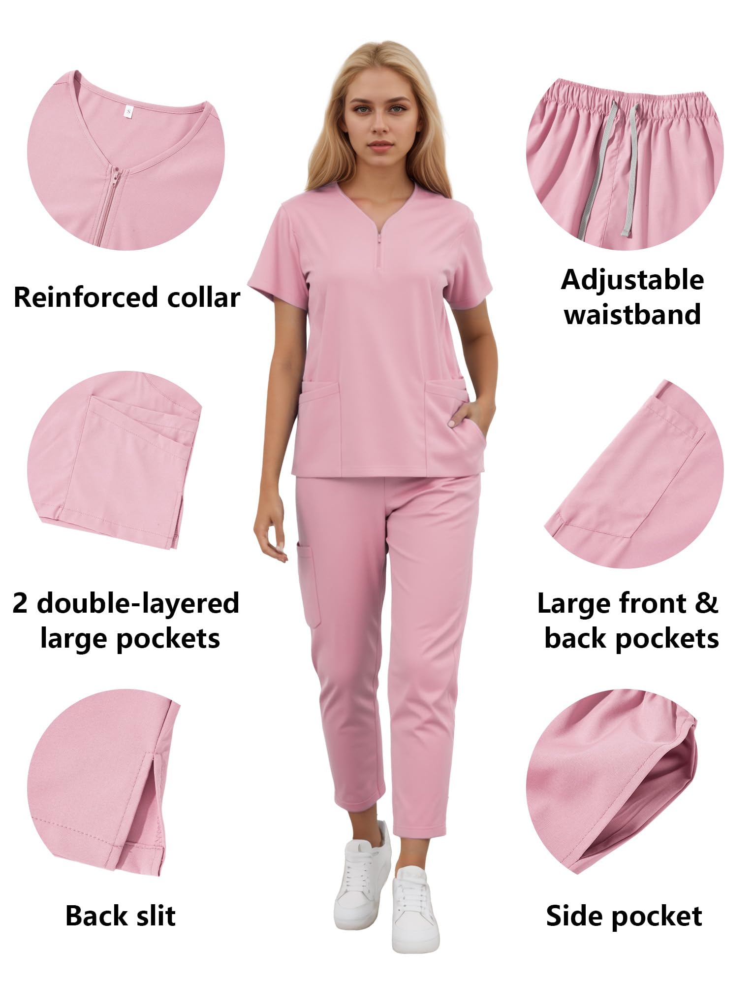 Unisex Scrub Set Slip-On Enfermera Túnica Zip Up Manga Corta Cuello de Pico Túnica Pantalones Trajes Uniformes Médicos con Parte Superior y Pantalones Ropa de Trabajo Hospital