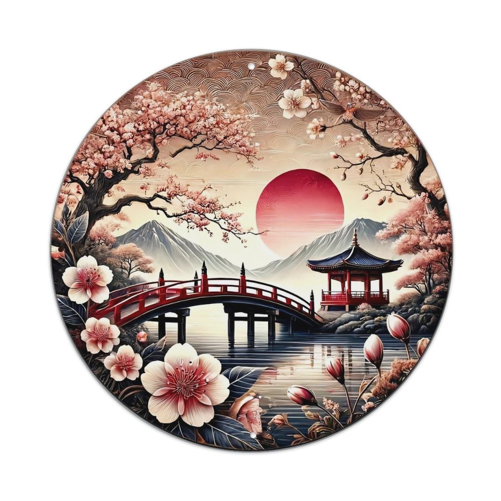 Japanese Garden Bridge Sunset Scene Vintage Metal Tin Sign Retro Wall Decor for Home Bar Garage Cafe, Indoor & Outdoor Decorative，circle Metal Poster, 8x8 Inch
