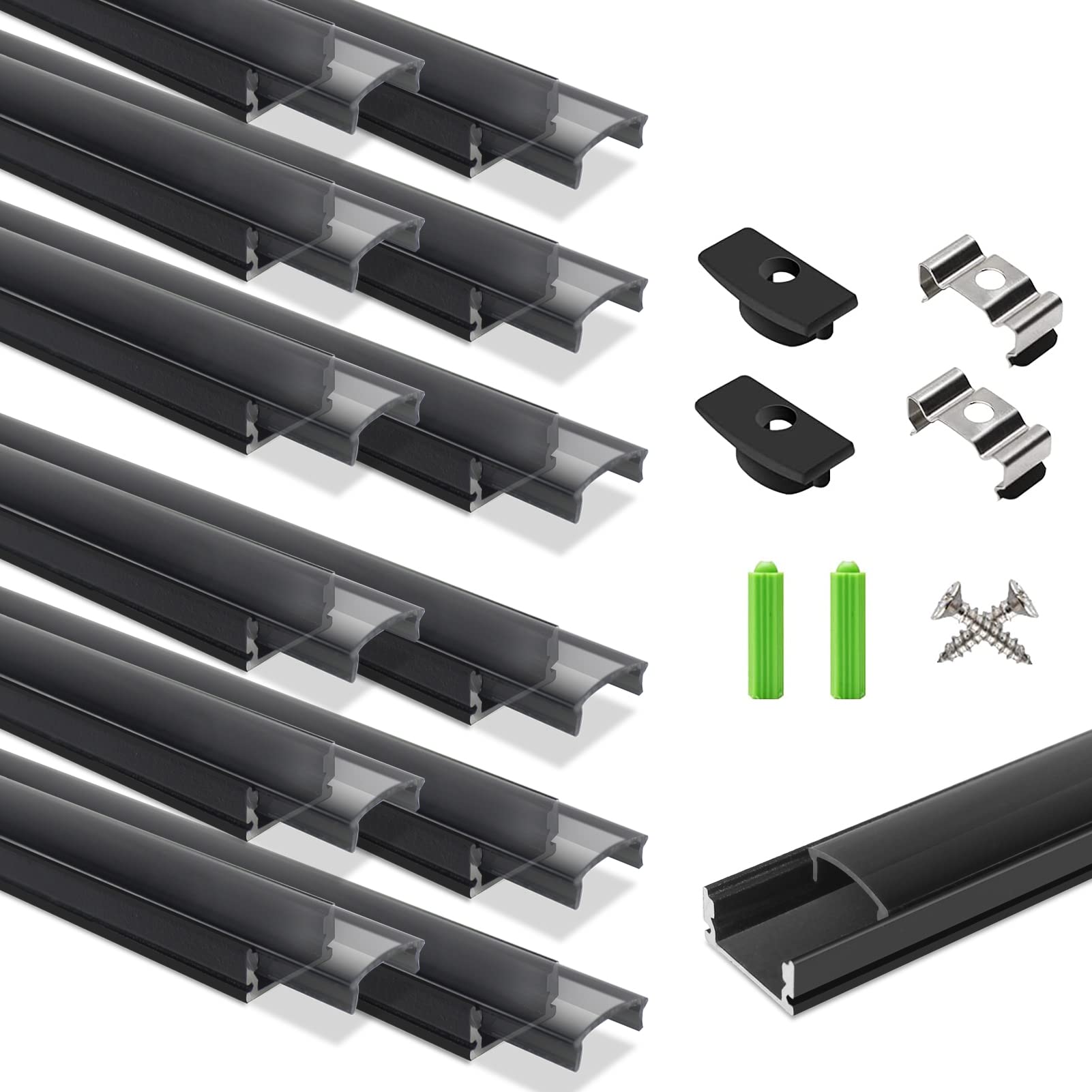 LightingWill Lot de 12 profilés LED en aluminium noir en forme de U avec diffuseur de fumée en cristal, embouts et clips de fixation pour bandes LED