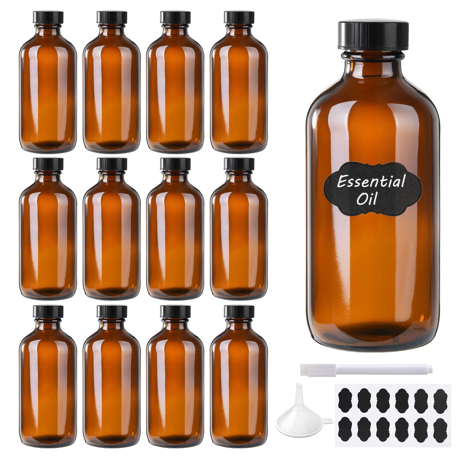 BPFY 12 Pack 8 oz Amber Glass Boston Bottle with Black Poly Cap, Funnel, Chalk Labels, Pen, Dispensing Bottles for Homemade Vanilla Extract, Essential Oils, Herbal Medicine, Wedding Christmas Decor