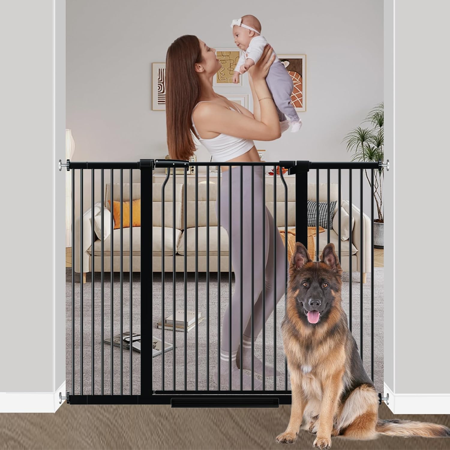 40.55" Extra Tall Baby Gate for Stairs-40.6"-54.7" Wide 1.37" Ultra Narrow Spacing Extra Wide Pet Cat Gate Dog Gate-Auto-Close Pressure Mounted Dog Door for Pets and Kids,Black 40.6"-54.7" Black