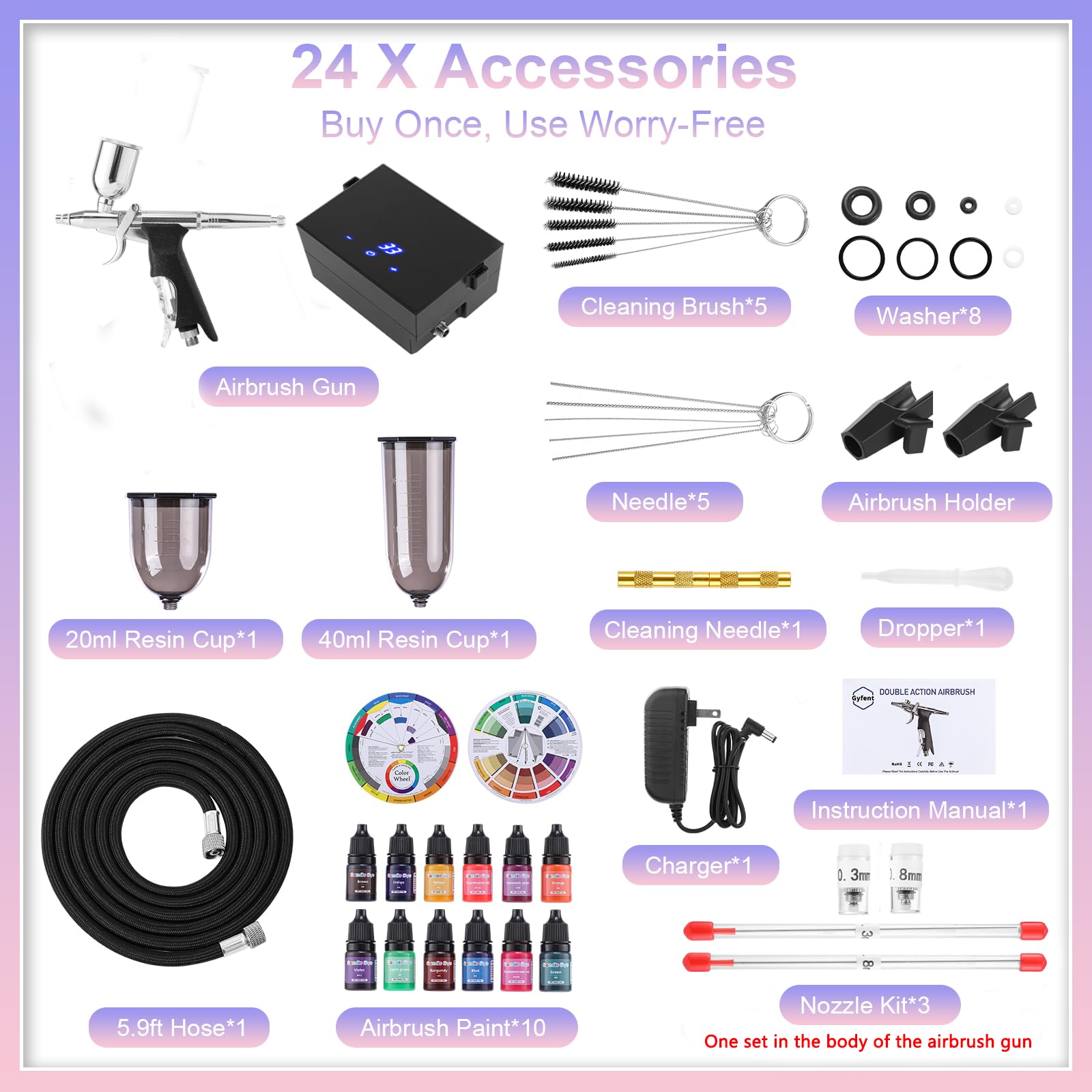 Kit aérographe 45PSI avec compresseur d'air, kit aérographe portable avec 10 peintures aérographe et 3 buses à dégagement rapide, kit d'aérographe à double action pour nail art, peinture