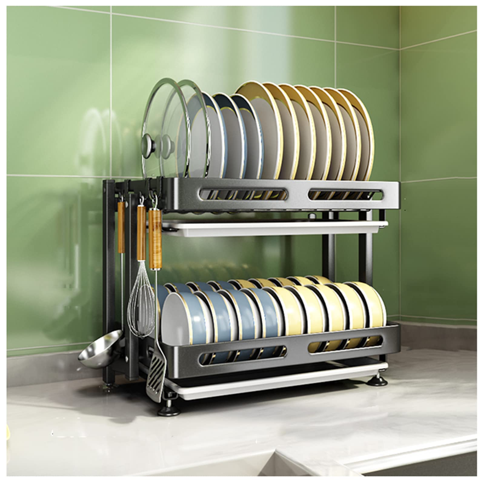 Escurridor de Platos Plegable de 2 Niveles, Organizador de Fregadero de Acero Inoxidable 304, escurridor de Platos con escurridor, escurridor Multifuncional para encimer