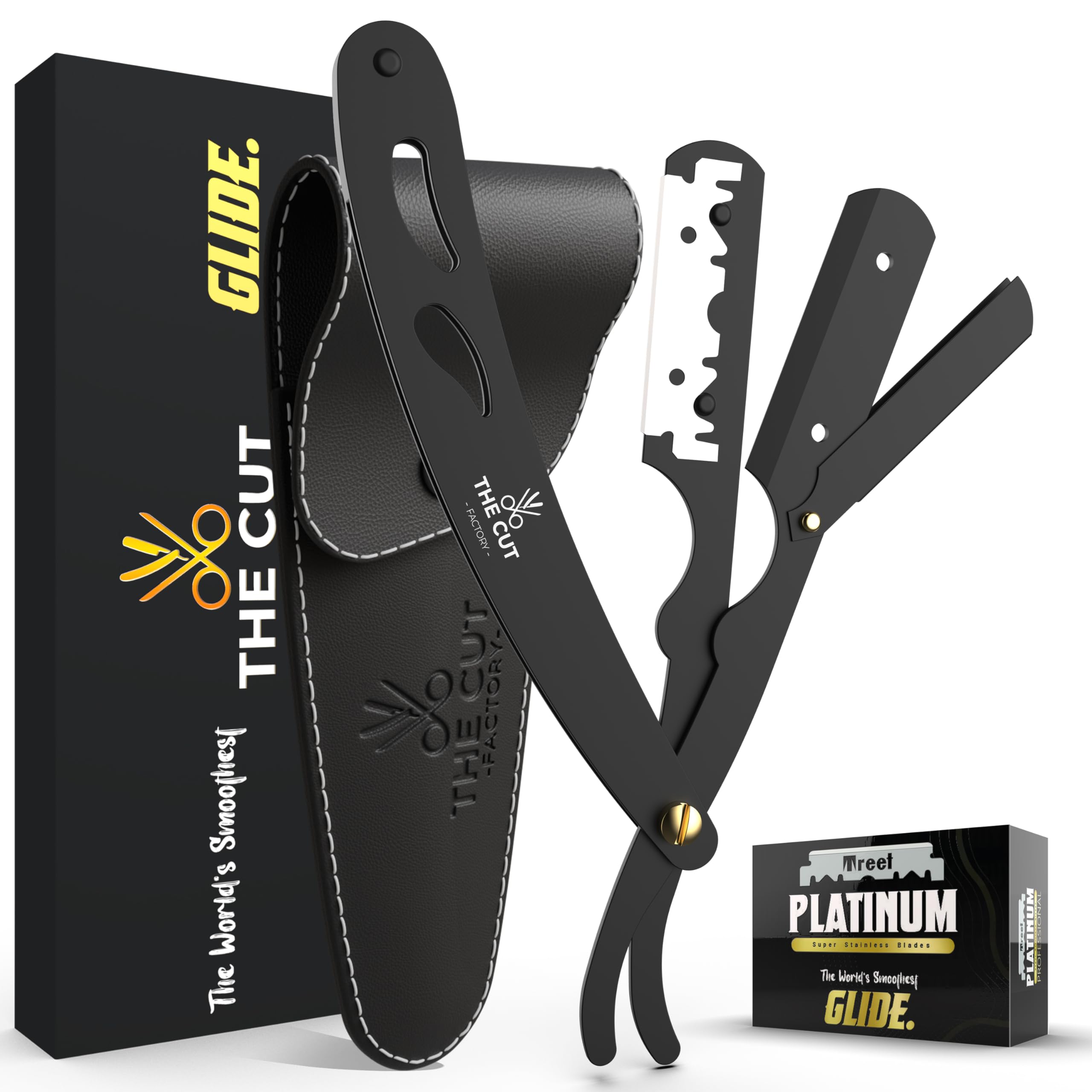 The Cut Factory Exquisita Line - Navaja de afeitar para hombre con cuchillas ultraafiladas de un solo filo, revestimiento negro mate, con bolsa de piel y caja de regalo