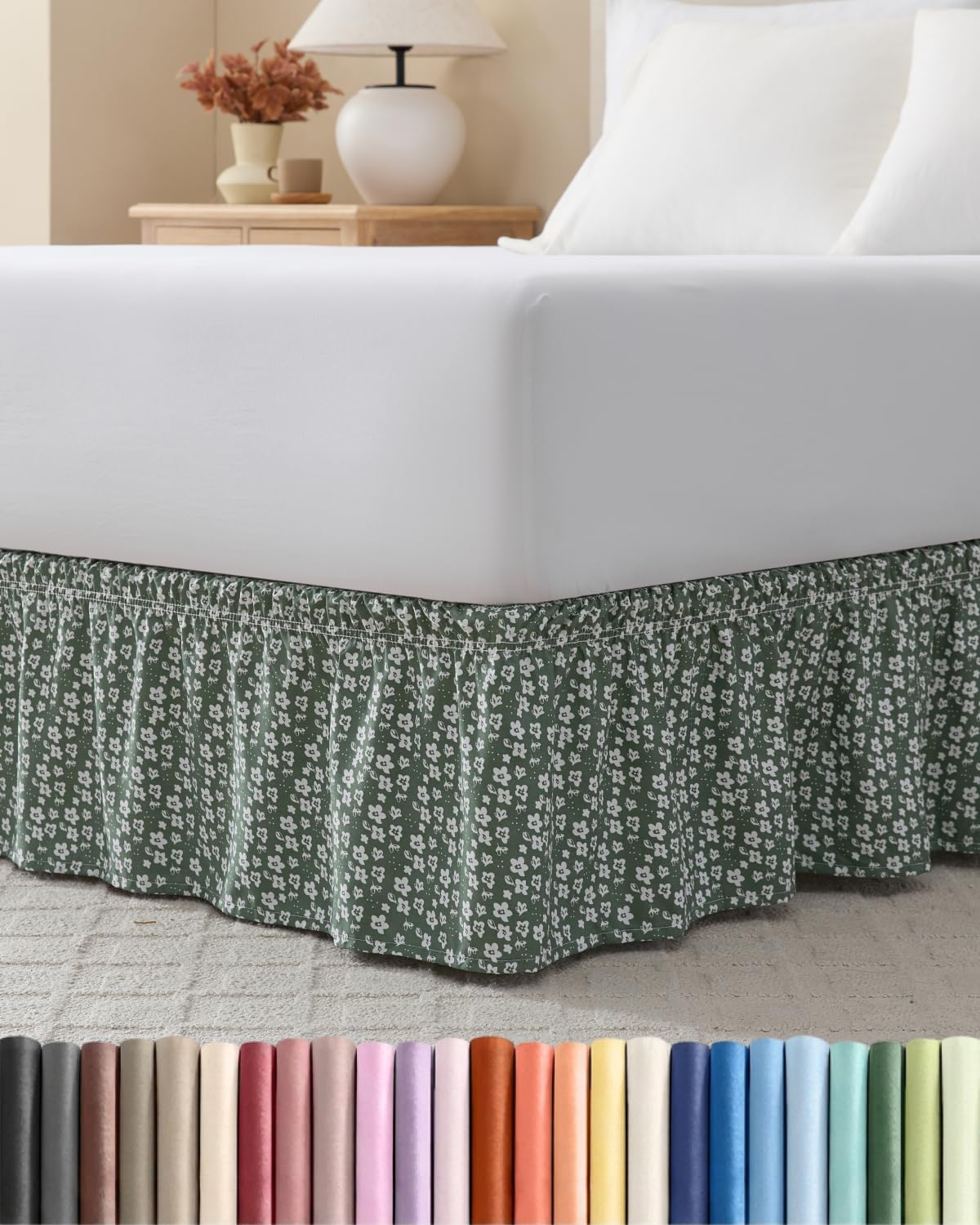 CGK Wrap Around Dust Ruffle Bed Skirt - King Size, 15" Inch, Green Meadow