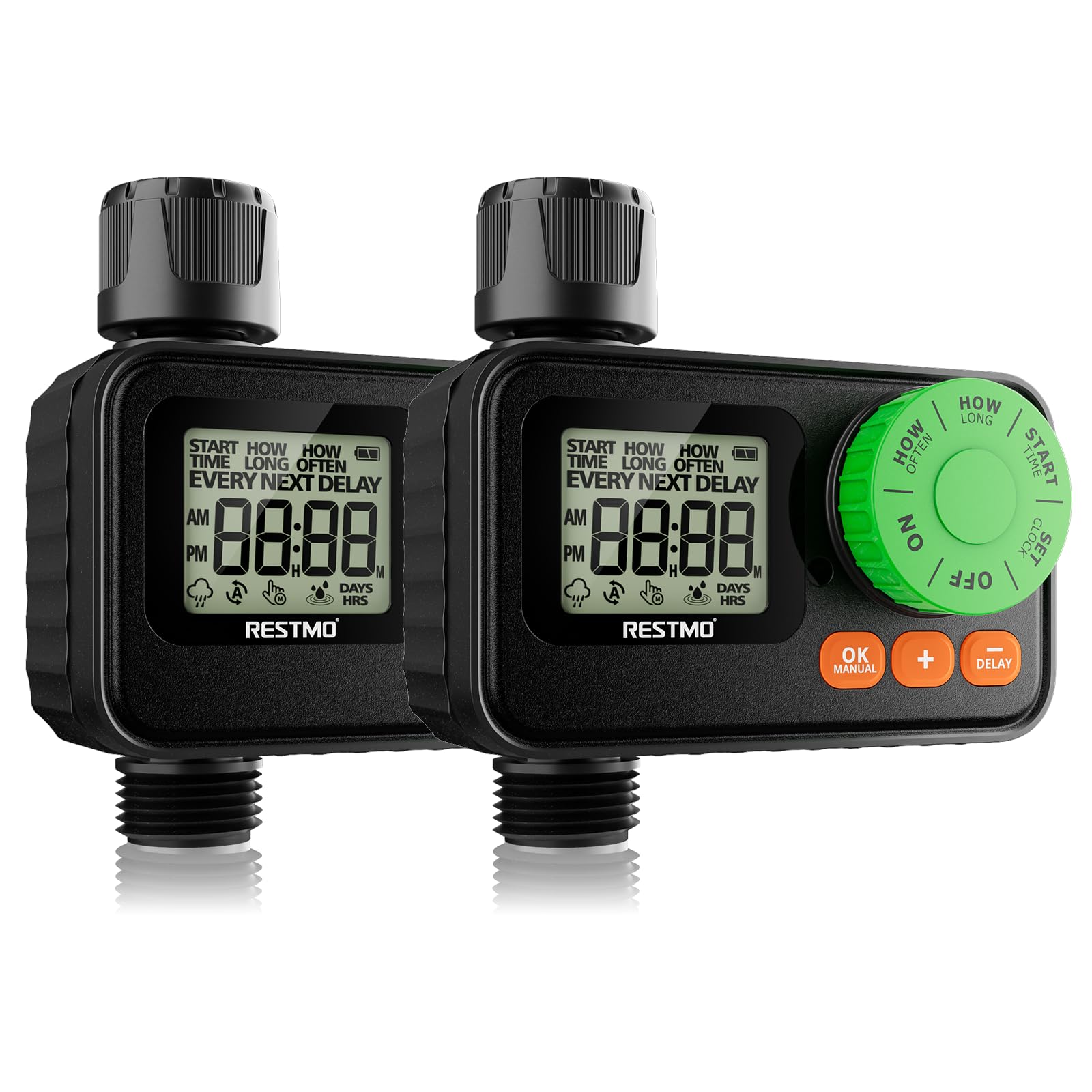Photo 1 of [2 Pack] RESTMO Sprinkler Timer, Programmable Water Timer for Garden Hose, Automatic Digital Control | Manual ON/Off | Rain Delay for Outdoor Faucet, Drip Irrigation and Lawn Watering System