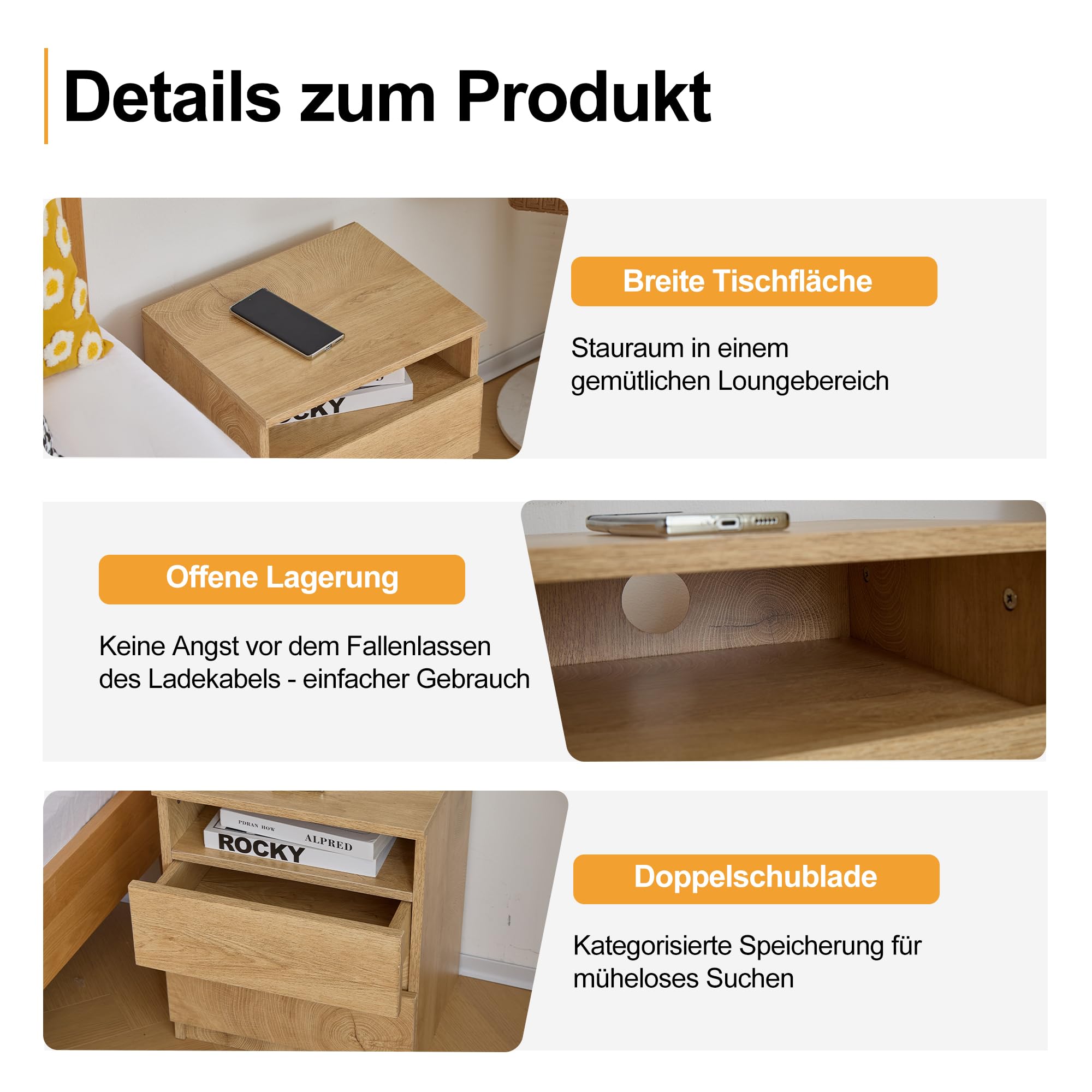Mingone 2er-Set Nachttische mit 2 Schubladen,Nachtschrank aus Holz,Beistelltisch mit Stauraum Holzfarben für Wohnzimmer, Schlafzimmer