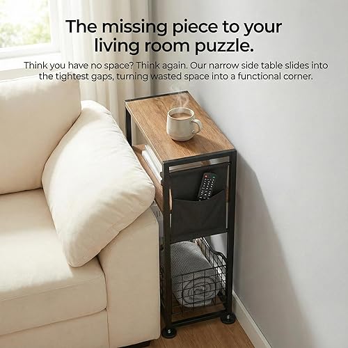 Miniatura 10 de Mesa auxiliar delgada con almacenamiento, mesas auxiliares delgadas de 3 niveles para espacios pequeños, mesa auxiliar estrecha mesita de noche