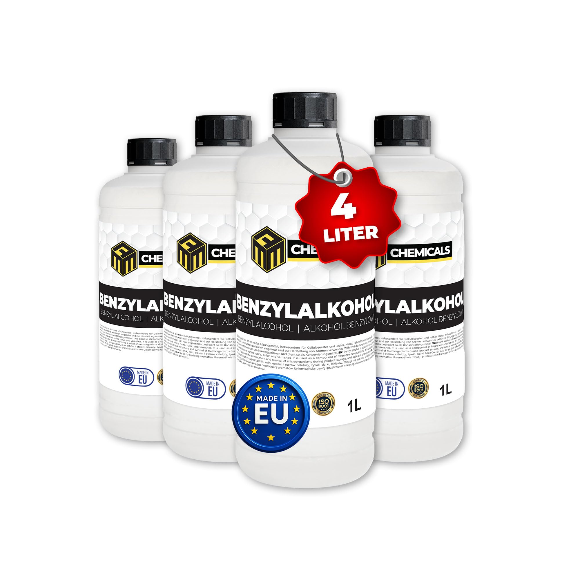 Benzylalkohol 99,9% - 4 x 1L – Hochreines Lösungsmittel & Harz-Verdünner – Für Epoxidharz, Resin, Lacke, Farben, Klebereste – Industrie, Labor, Handwerk