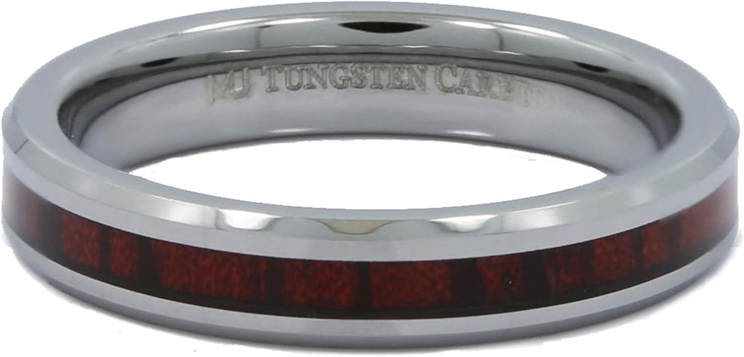 4mm Black Plated or Polished Tungsten Carbide Koa Wood Inlay Wedding Ring Comfort Fit