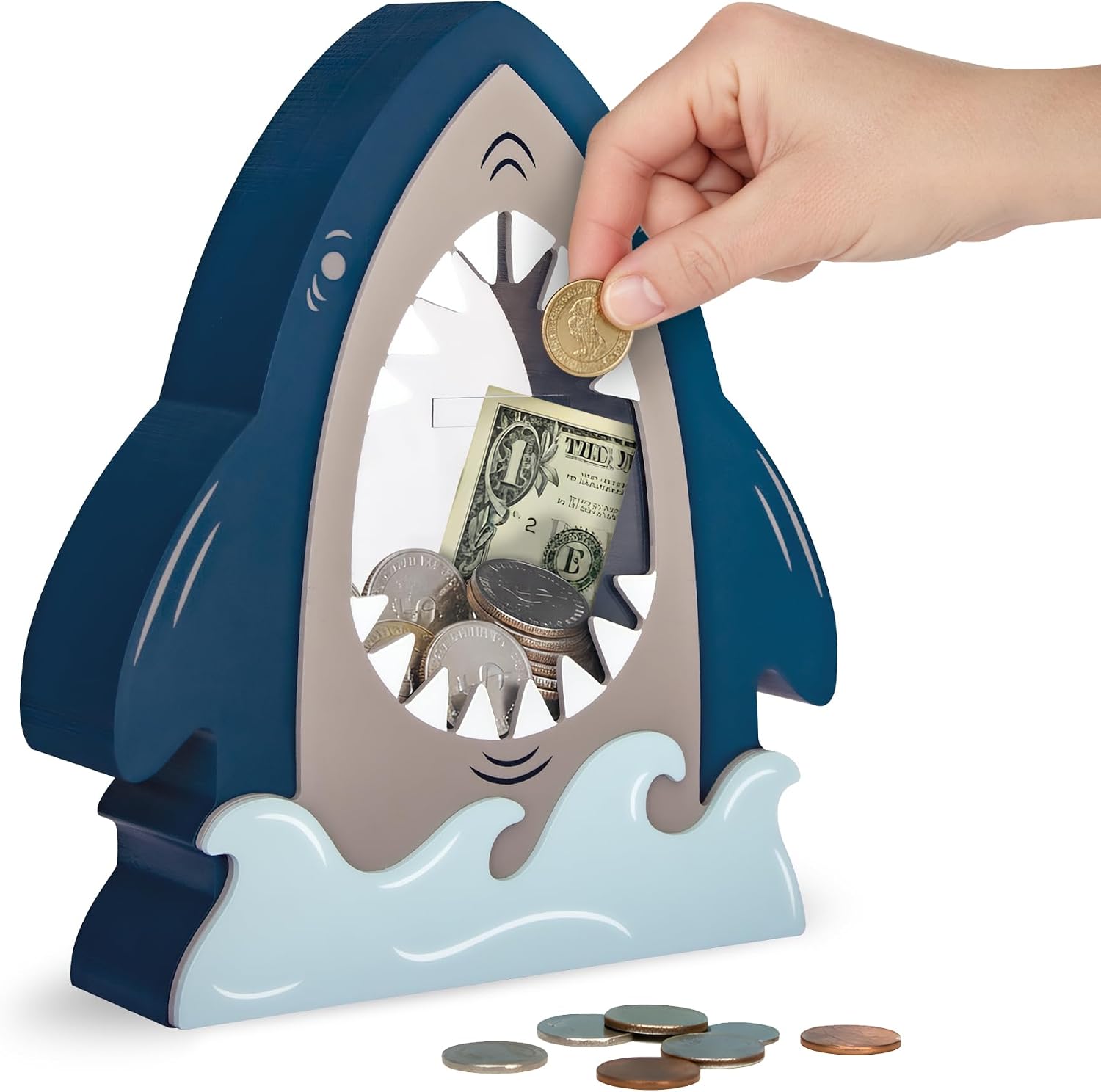 Wooden Shark Piggy Bank for Kids Boys, Creative Money Box with Clear Window in Mouth, Cute Ocean Nursery Bedroom Decor & Birthday Gift