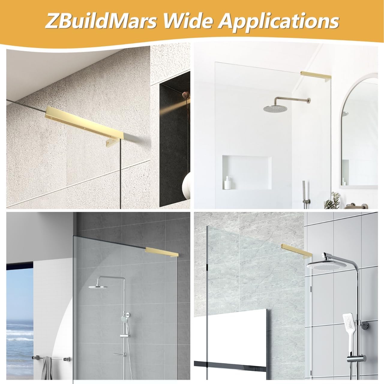 Shower Glass Bracket Shower Glass Support Bar Wall to Glass Clamp L Bracket for Shower, No Drill in Glass (Glass on Right, Gold)