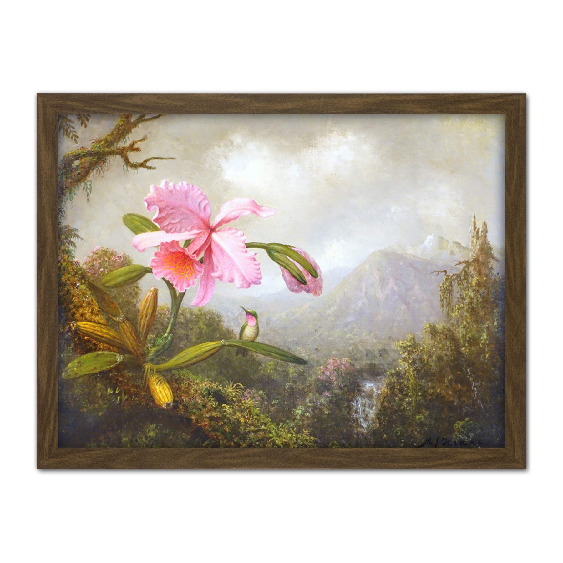 Heade Orchid Hummingbird Mountain Waterfall Painting Large Framed Art Print Poster Wall Decor 18x24 in