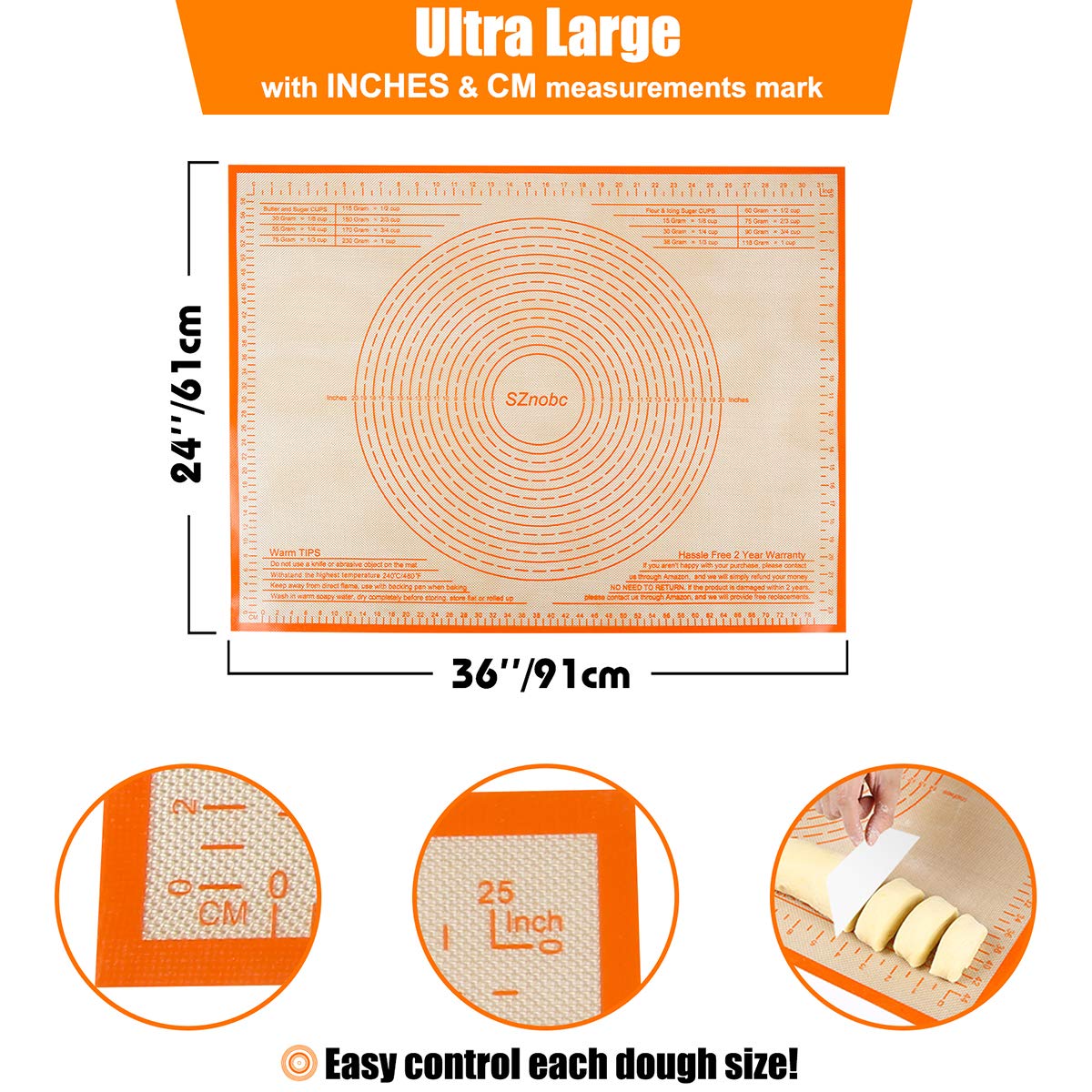 Antihaftbeschichtete Backmatte, extra dick, groß, Silikonmatte für Teigmatte, Fondantmatte, Thekenmatte, Teigrollmatte, Kuchenkrustenmatte, Backmatte mit den Maßen 91,4 x 61 cm, Orange
