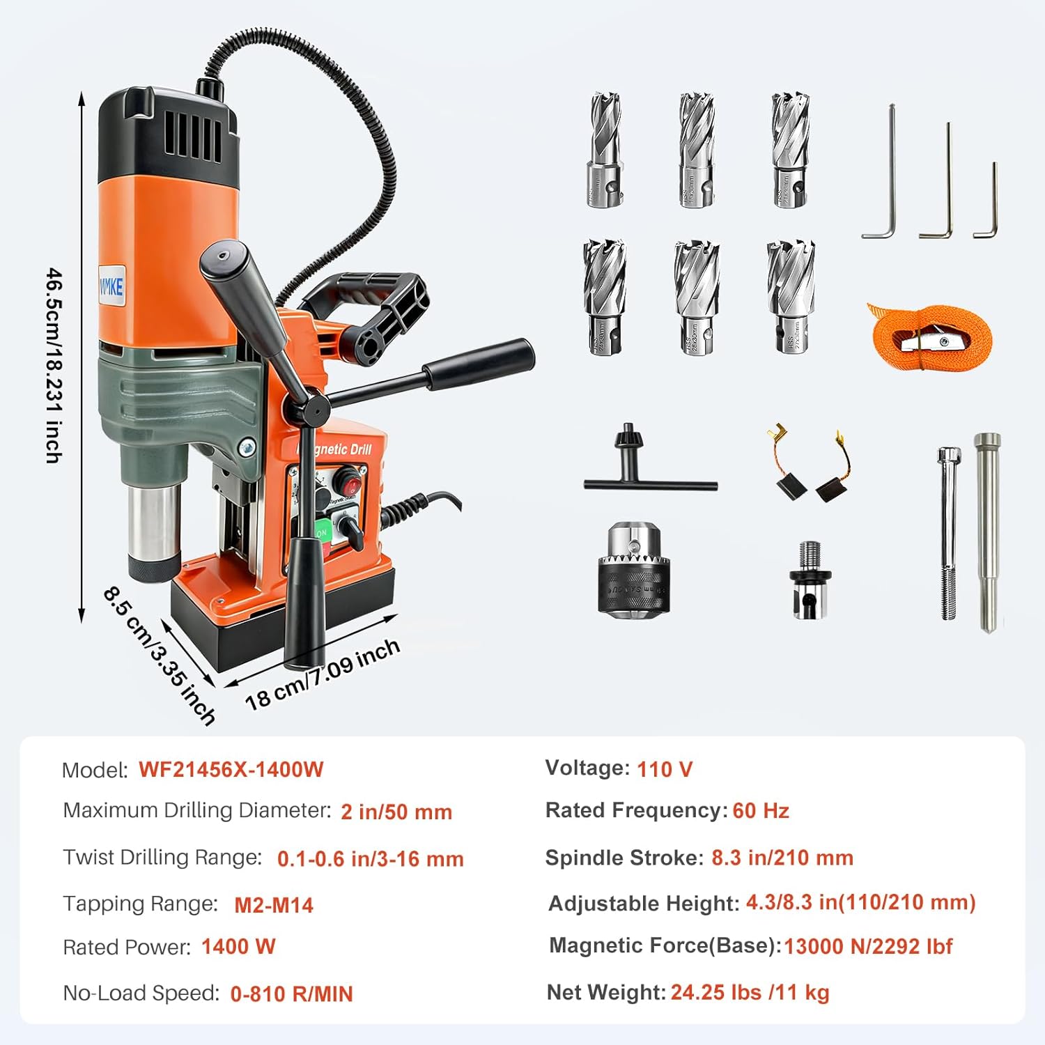 Mag Drill Press with 6 Pcs Coring Bits, 1400W 2" Boring Diameter, 2922lbf/13000N Power Portable Magnetic Drill, 810 PRM, Electric Drilling Machine for Metal Surface, Home Improvement Industry