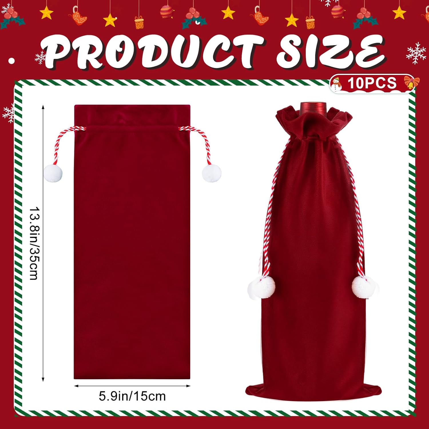 Honeydak 10 Pcs Christmas Velvet Wine Bags Xmas Wine Gift Bottle Cover with Drawstring and Hair Ball Bottle Bags for Christmas Housewarming Wedding Birthday Holiday(Red) - Image 2