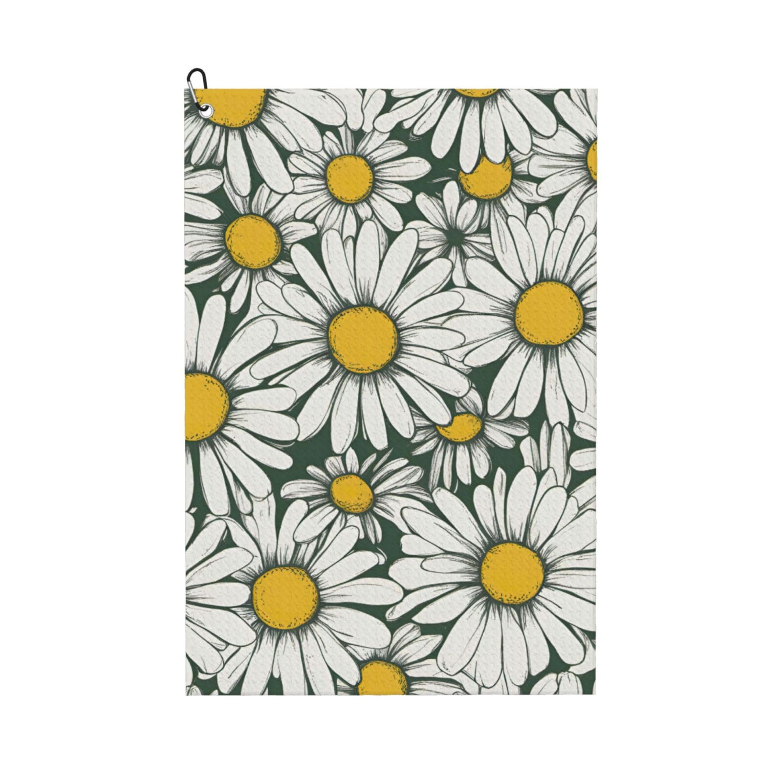 Anceky White Daisy Print Golf Towel 24"X16" Microfiber Golf Cleaning Towel with Carabiner Clip for Golf Bags