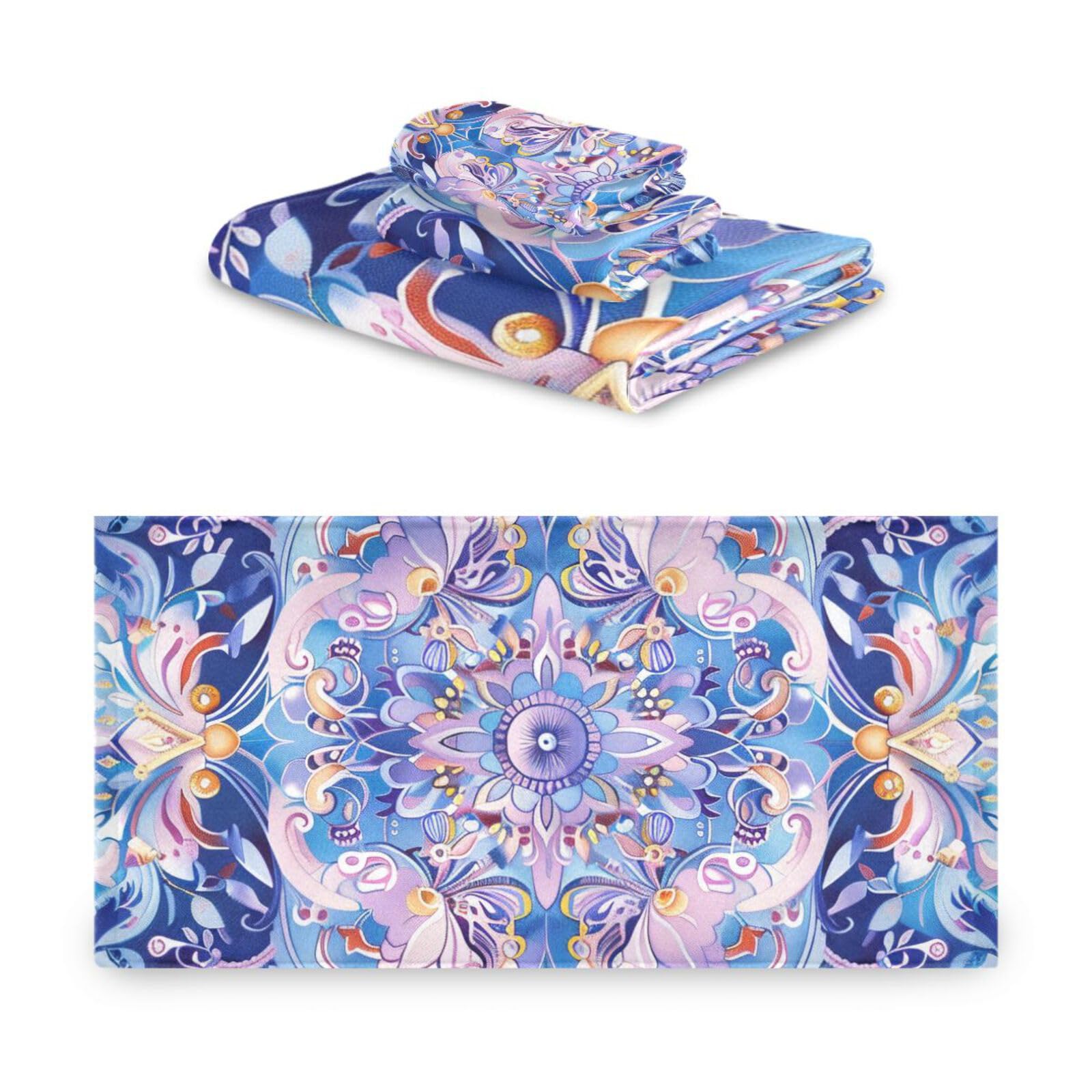 Set di 3 asciugamani decorativi per il viso in stile bohémien, motivo floreale viola, 1 asciugamano da bagno, 1 asciugamano per mani, 1 panno per la casa, cucina, hotel, palestra, nuoto, spa
