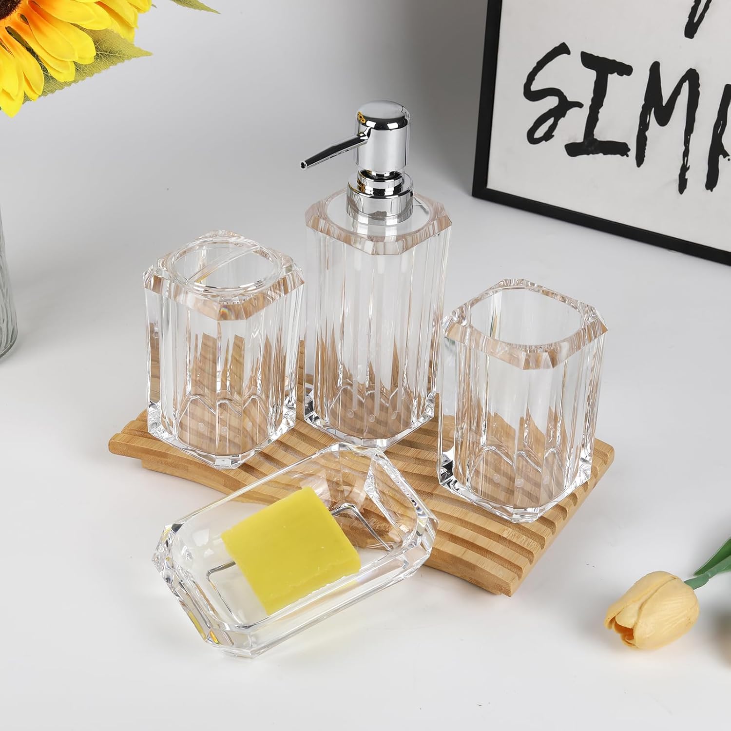 4 Piece Premium Acrylic Bathroom Accessory Set, Hand Sanitizer Bottle, Lotion Can Bathroom Suit, Separate Bottle Soap Box