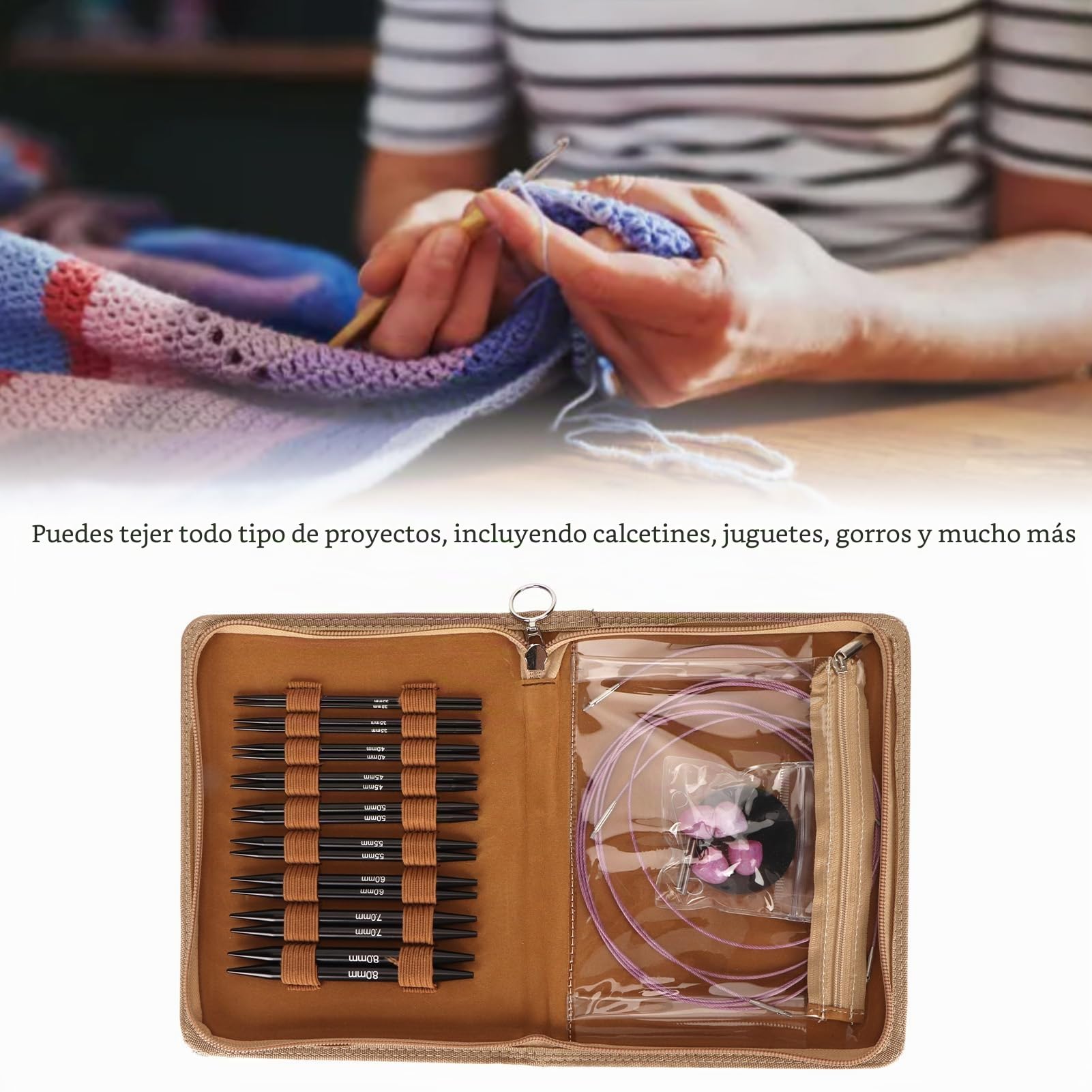 Juego de Agujas Circulares para Tejer, Juego de Agujas Circulares Ergonómicas Intercambiables de 3 a 8 Mm con Bolsa de Almacenamiento para Manualidades, Regalos para mamá, Abuela