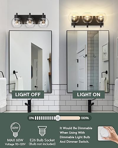 Miniatura 3 de Lámpara de baño, lámpara de tocador negra mate de 3 luces, apliques de pared modernos con pantalla de globo de vidrio transparente, luces de pared