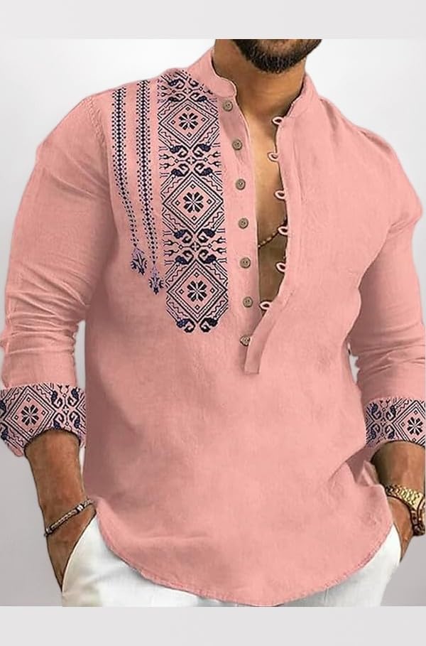 DEELMO Men's Cotton Blend Mandarin Collar Self One Design Full Sleeve Casual Short Kurta