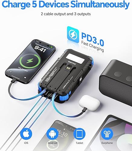 Miniatura 3 de Banco de energía solar 45800mAh con 4 paneles, cargador solar portátil con 3 cables integrados para iPhone, entrada USB C de 15 W, carga rápida,