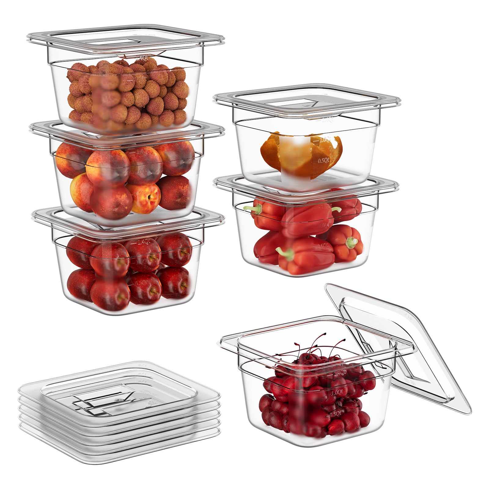 Paquete de 6 sartenes de 1/6 y 4 pulgadas, con tapas, de plástico transparente, de policarbonato apilable, apto para congelador, frutas, verduras, restaurante, cocina
