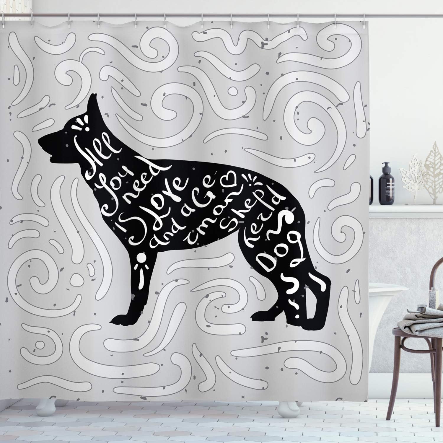 Ambesonne All You Need is Love Shower Curtain, German Shepherd Dog Silhouette with The Phrase and Doodles, Cloth Fabric Bathroom Decor Set with Hooks, 69" W x 70" L, Pale Grey Black White