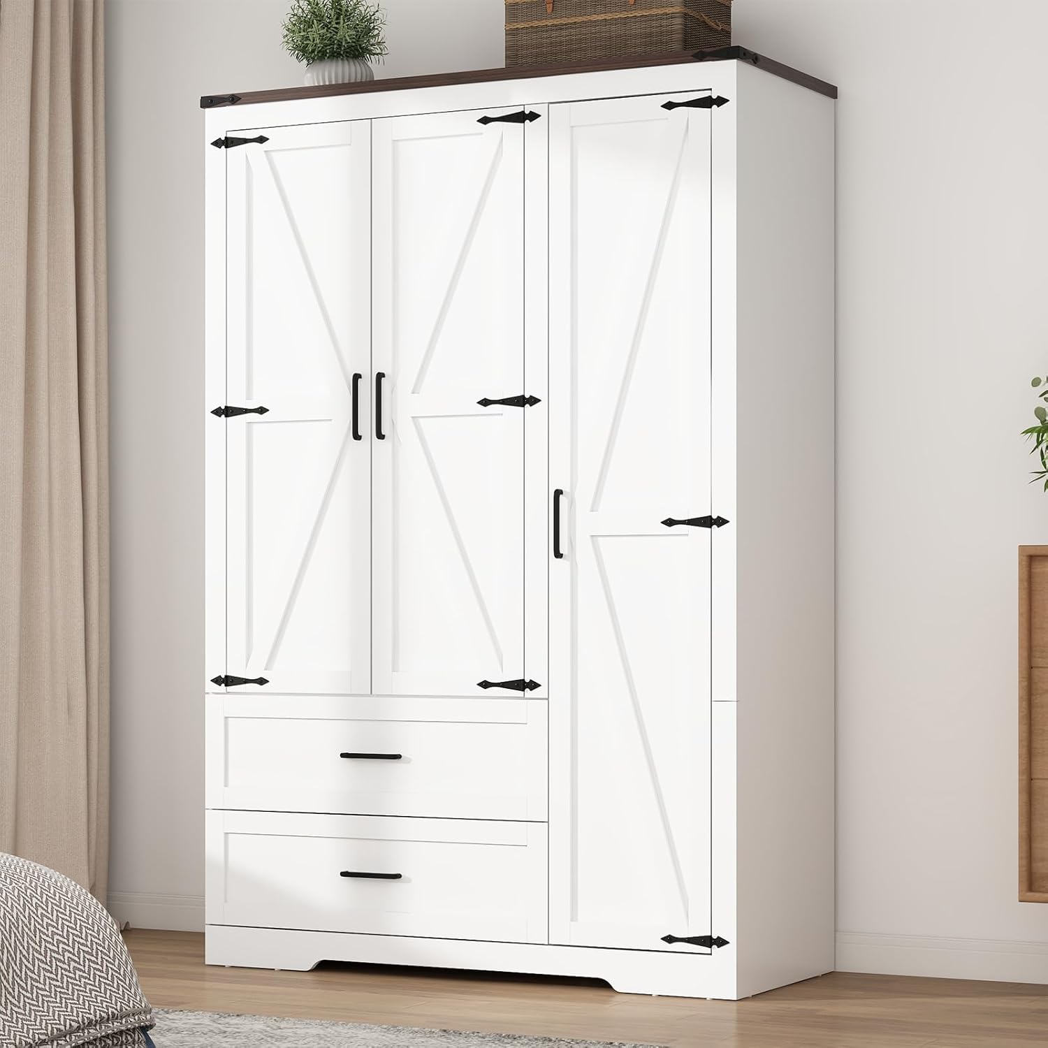 Hlivelood 3 Doors Wardrobe Armoire Closet with Doors and Drawers, Farmhouse Wooden Armoire Storage Cabinet with Shelves & Hanging Rod for Bedroom, White