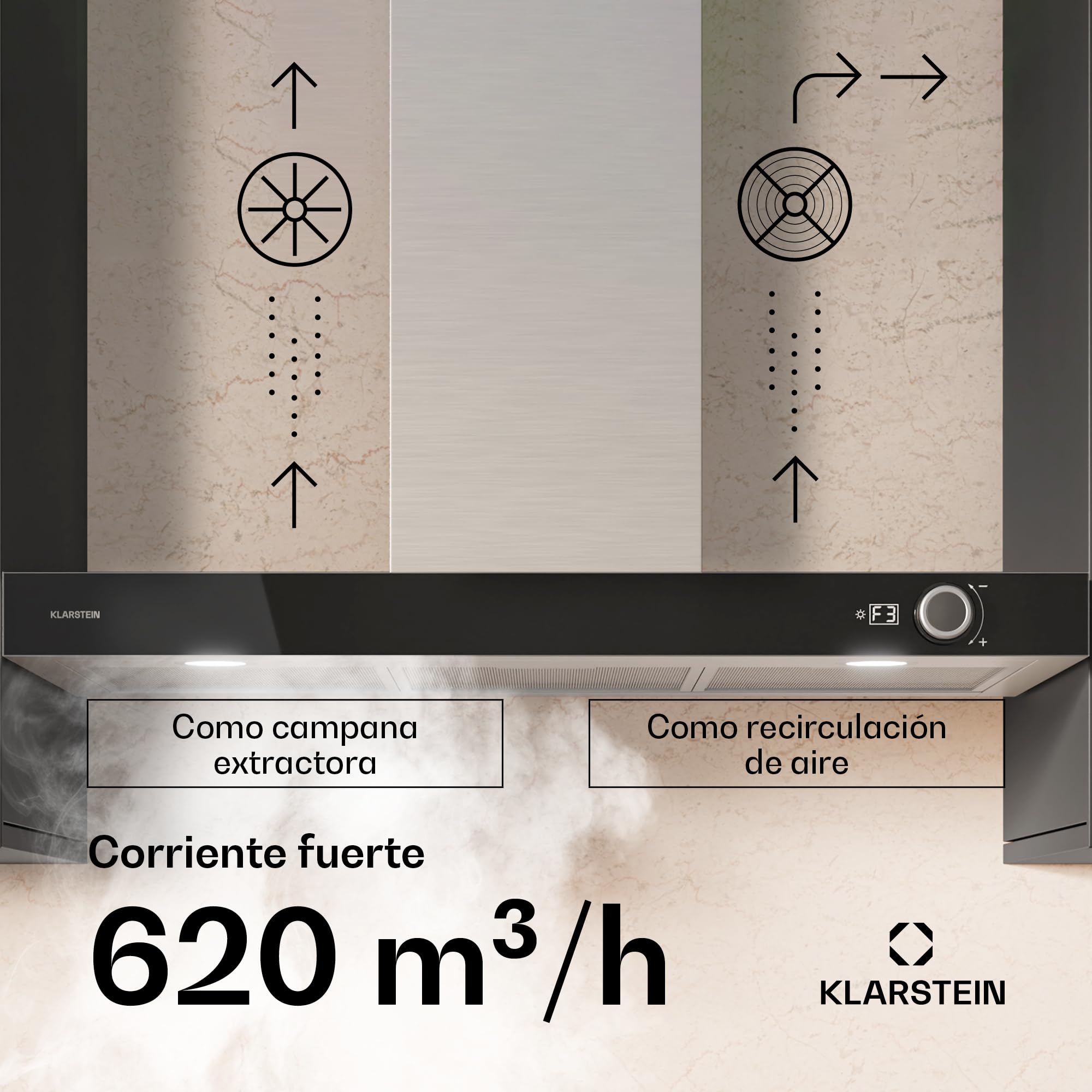 Klarstein Airnova Campana Extractora - 90Cm, 628 M³/H, A++ Eficiencia, LED 6500K, Silenciosa 68 Db, Acero Inoxidable, Recirculación & Extracción