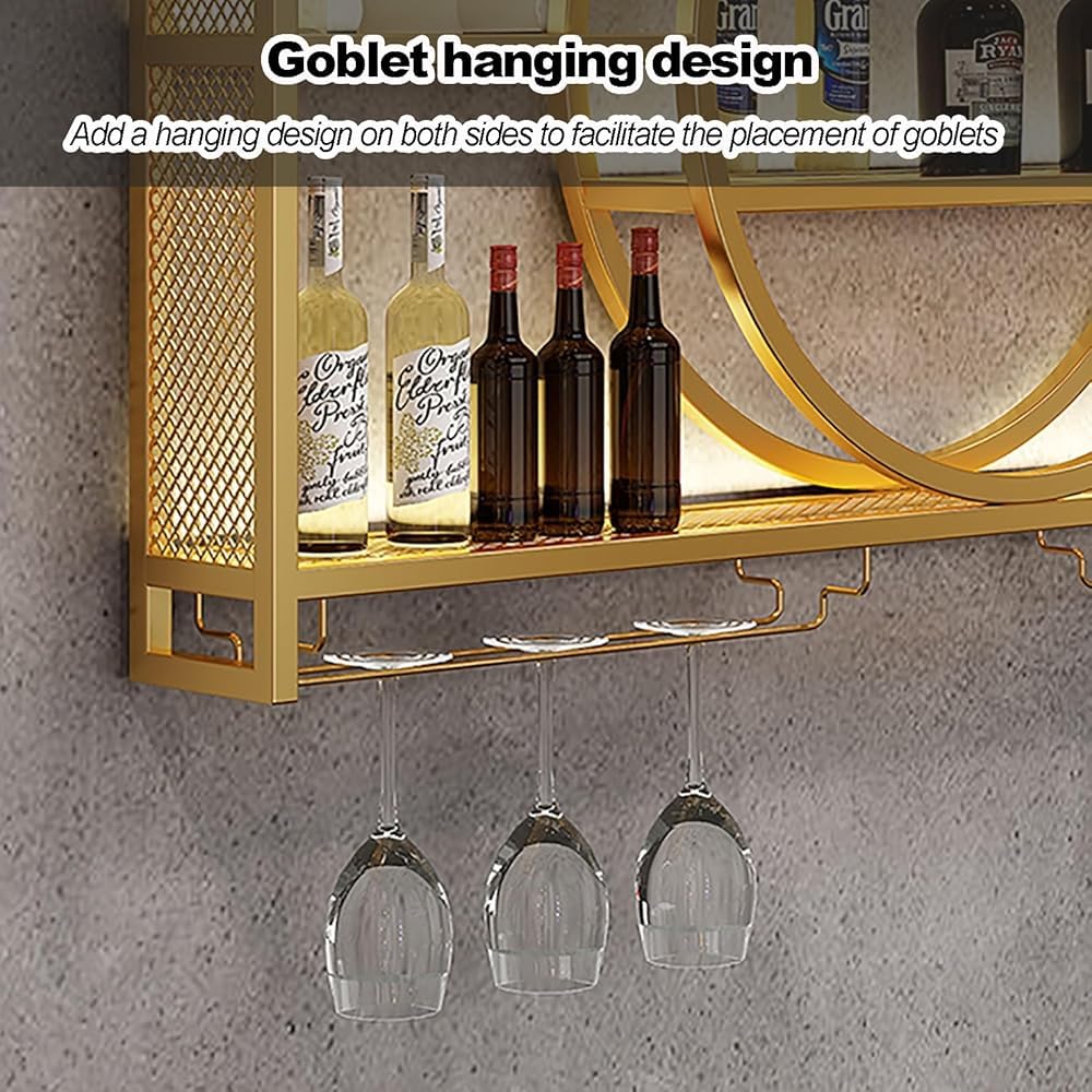 Moderno estante de pared con luz LED, estantes flotantes para botellas de licor y copas de vino colgantes, perfecto para cocina y sala de estar