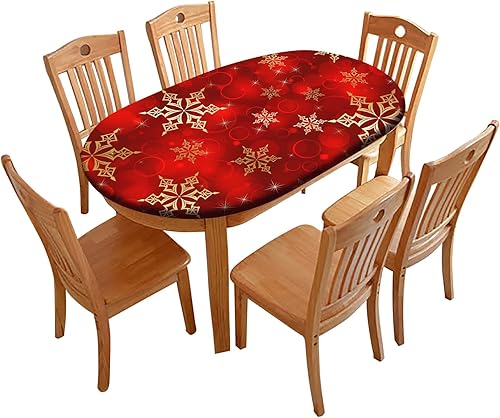 RenteriaDecor Manteles ovalados de Navidad rojos, mantel ajustable elástico con estampado de copo de nieve dorado, fundas oblongas resistentes al