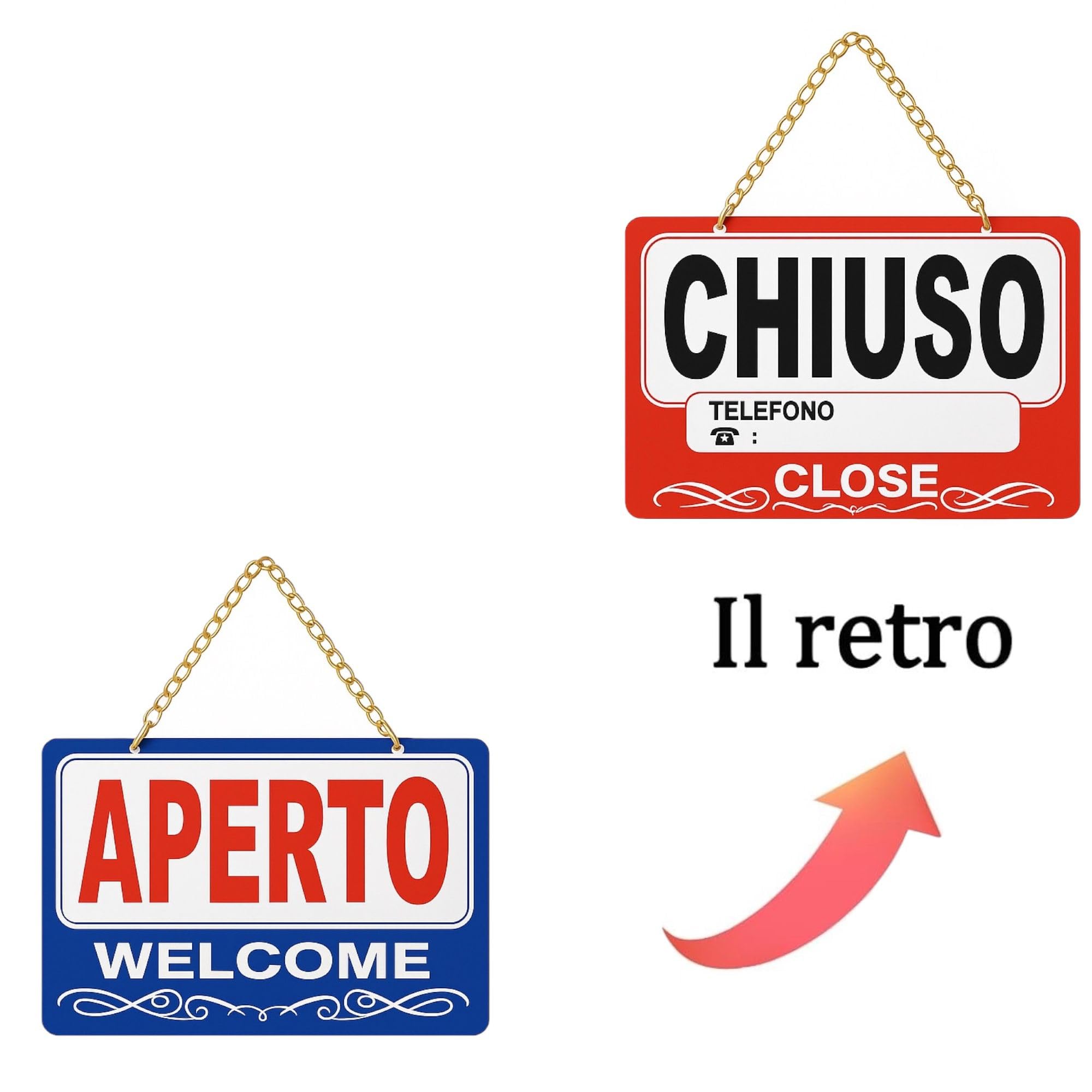 Topolenashop Cartello Aperto Chiuso Reversibile 29x19 cm – Insegna Bilingue Open Close per Negozi, Bar e Ristoranti – Cartello da Appendere con Catena Dorata per Porta e Vetrina ART.689388