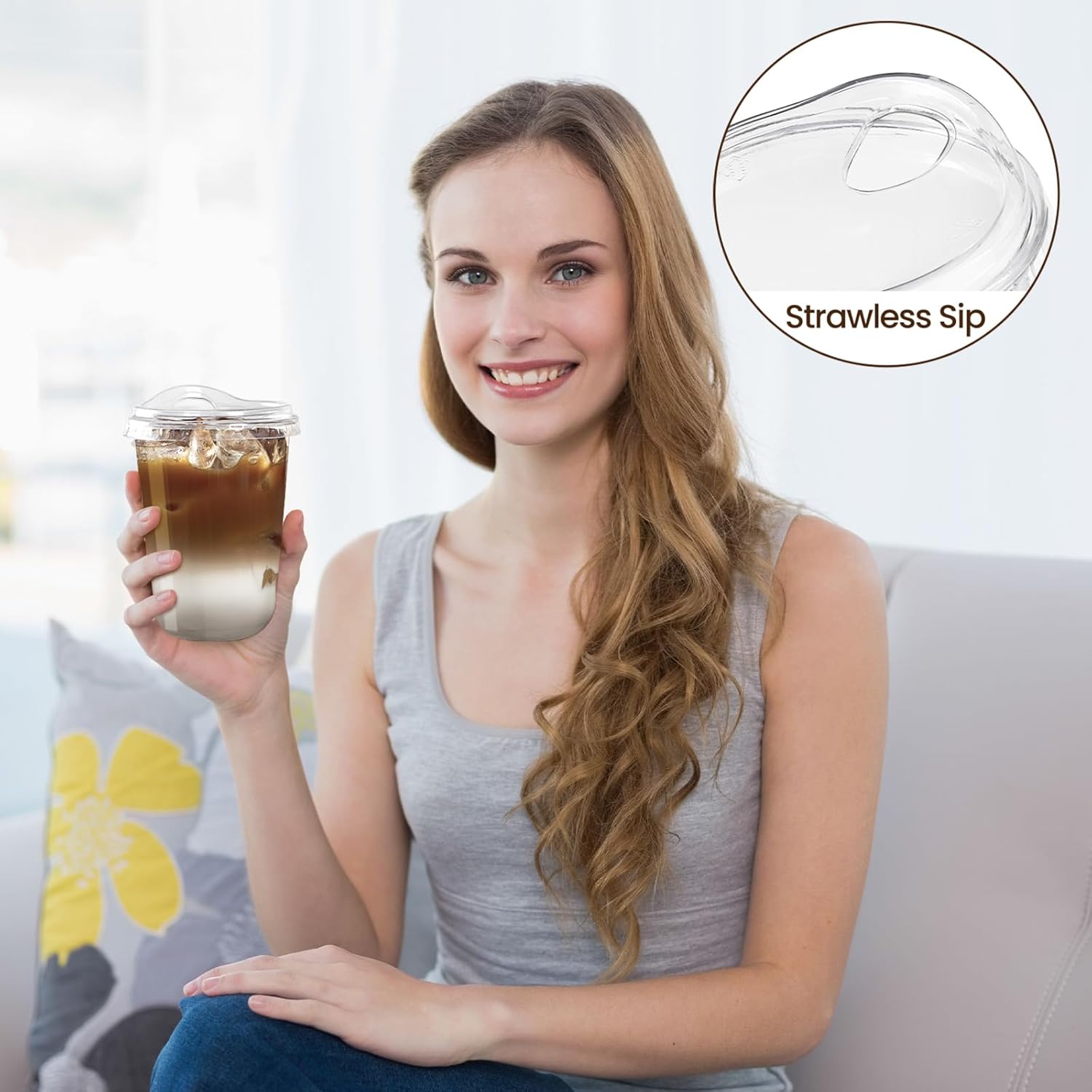 Qeirudu 16 Oz Round Bottom Clear Plastic Cups with Strawless Sip Lids, 50 Pack Disposable Iced Coffee Cups To Go Cups for Cold Drinks, Smoothie, Juice, Milkshake - Image 5