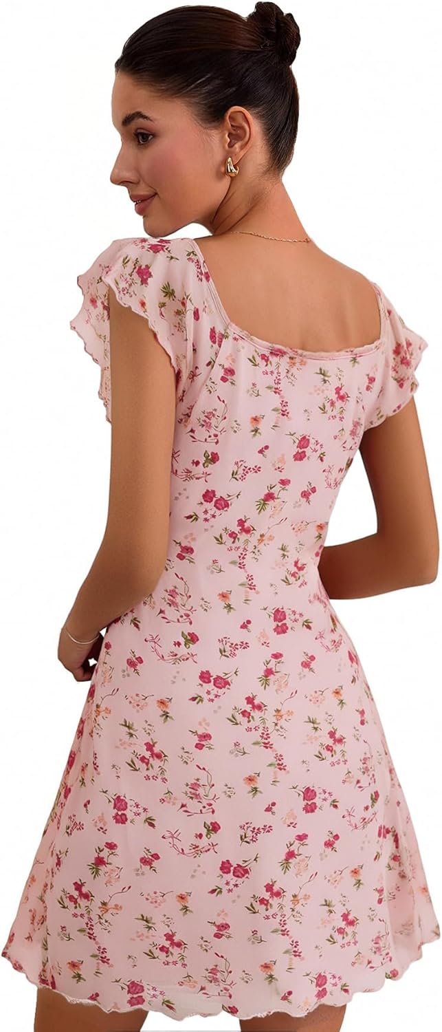 Floerns Women's Floral Print Cap Sleeve Dress Square Neck Tie Front Summer A Line Cute Mini Dresses - Image 6