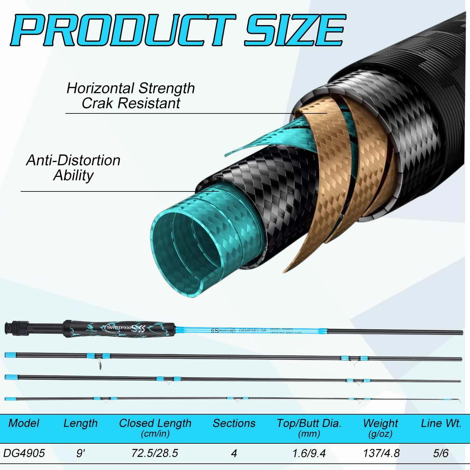 Canne à Pêche à La Mouche Sougayilang 4 Sections 5/6 WT 2,7 M - Légère En Graphite Pour Débutants