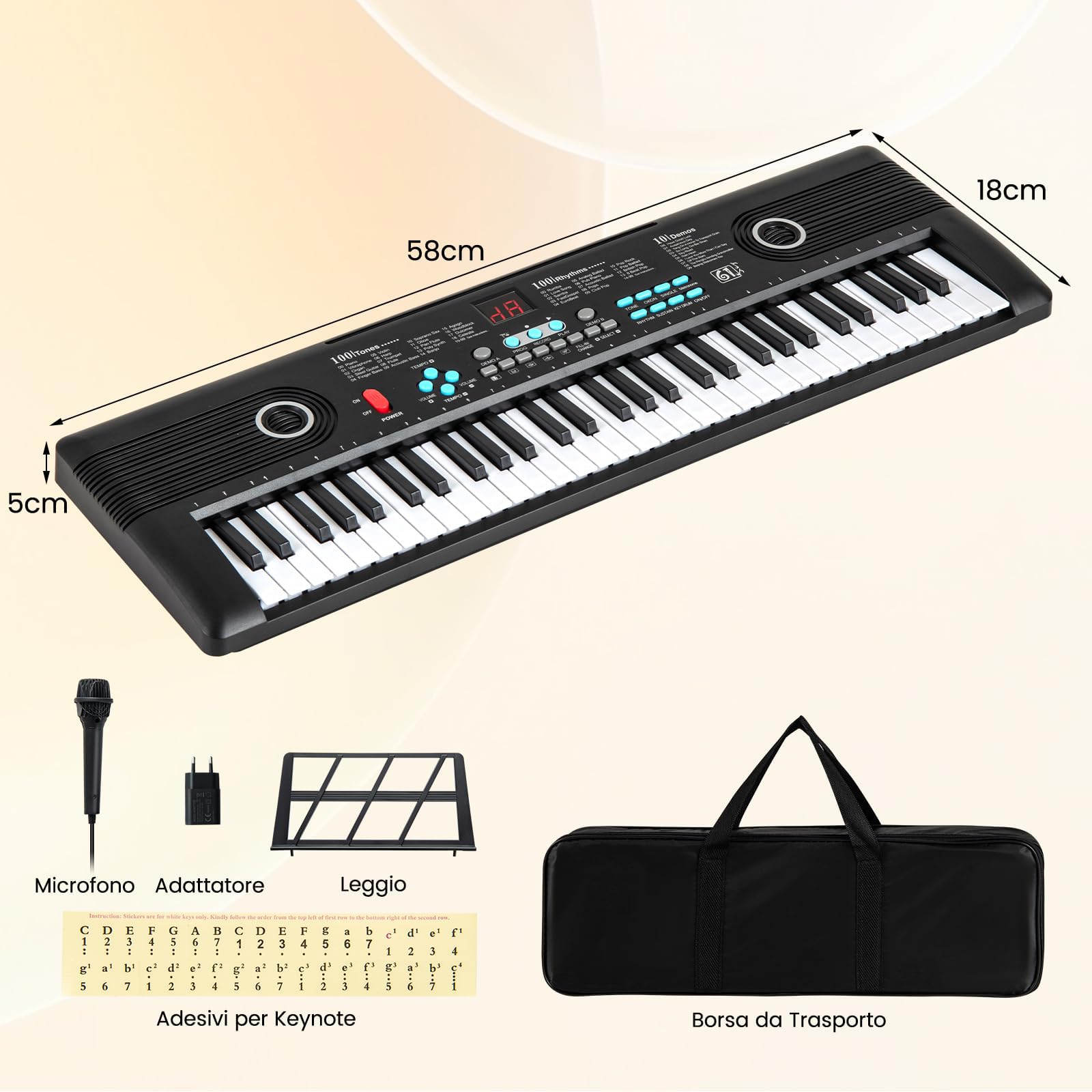 RELAX4LIFE Tastiera Elettronica a 61 Tasti, con Borsa, Microfono, Leggio, Alimentatore, per Principianti, Regalo Perfetto per Ragazze e Ragazzi