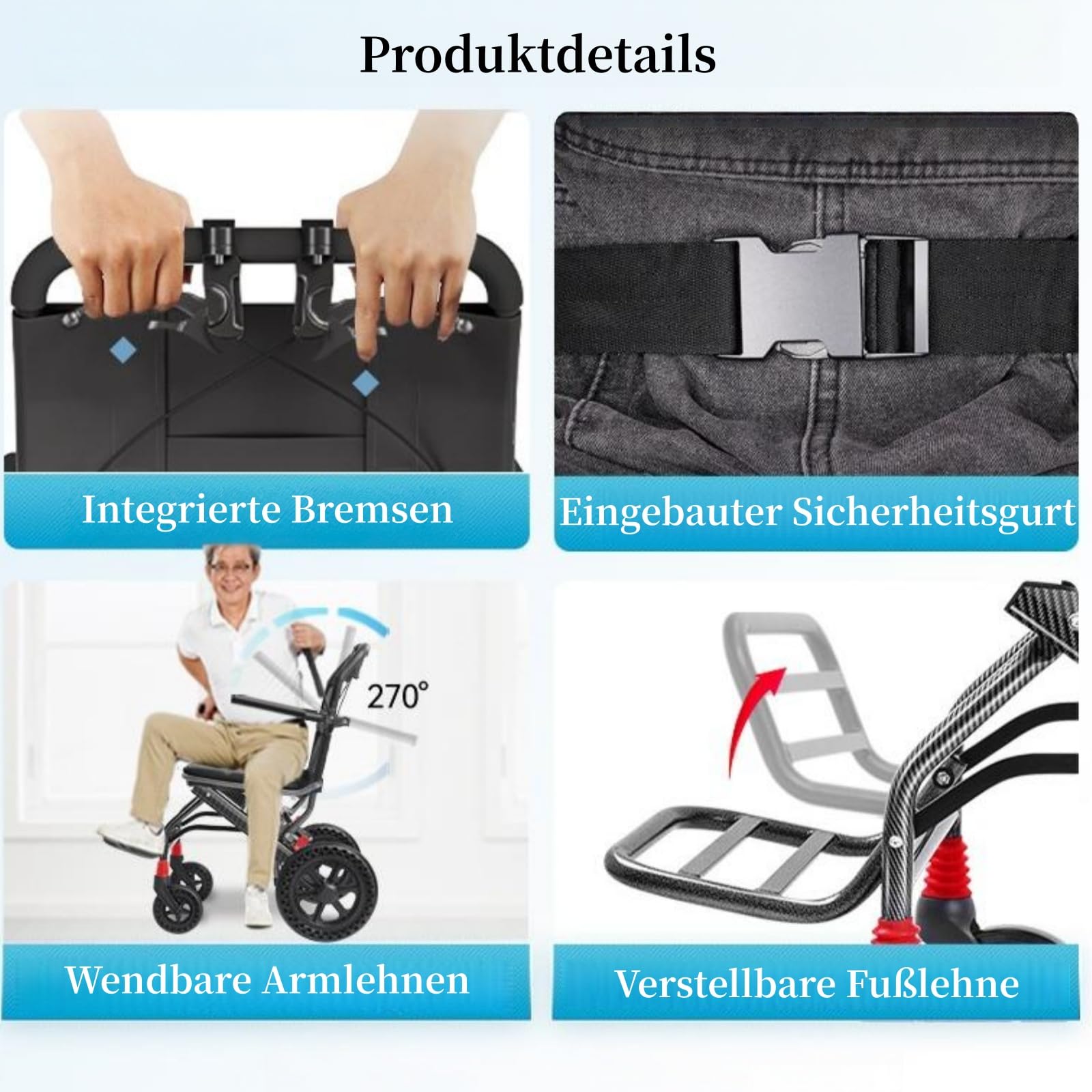 Rollstuhl Faltbar Leicht, Rollstuhl mit Teleskopgriff und Fußstützen, Tragbarer Transportrollstühle klappbar mit groß Honeycomb Gelände Reifen, Reiserollstuhl Geeignet für Ältere Menschen