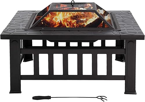 Outdoor Fire Pit,32 inch Square Metal Firepit for Patio Wood Burning Fireplace Garden Stove with Poker Mesh Cover,Charcoal Rack for Camping Picnic