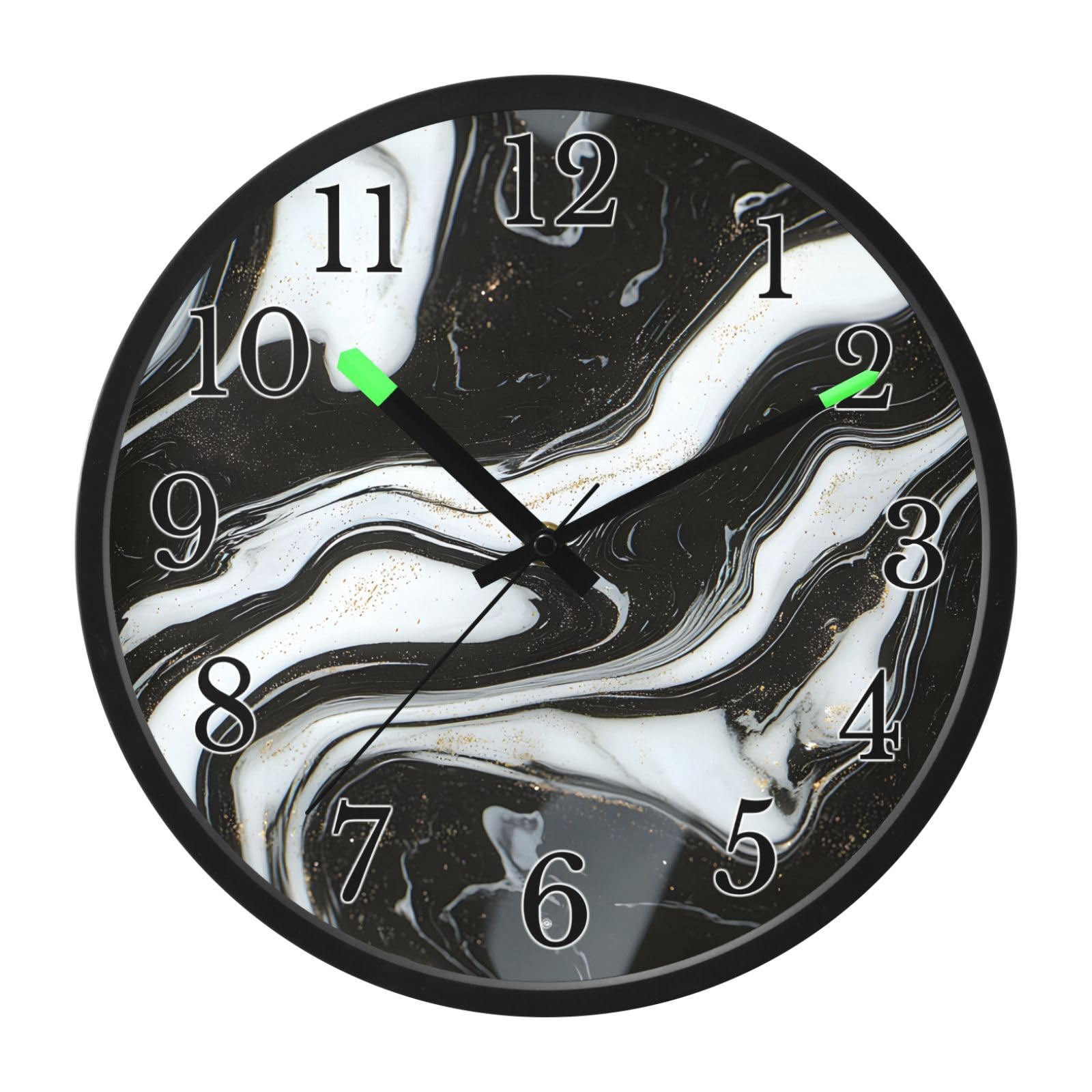 Mnsruu Reloj de pared luminoso de mármol blanco y negro, reloj de pared que brilla en la oscuridad, funciona con pilas, reloj de luz nocturna silencioso sin tictac para dormitorio