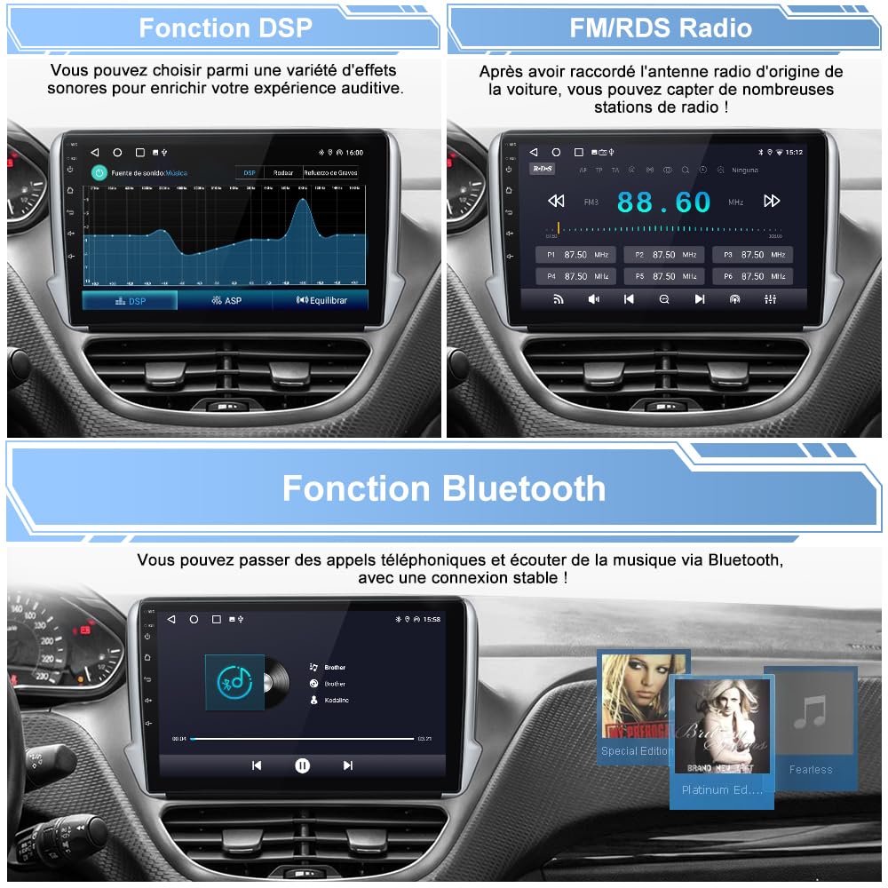 AWESAFE Autoradio 6Go+128Go 8Cœurs pour Peugeot 208 2008 (2012-2018), 4G LTE, Écran Tactile 10,1”, Android 13 CarPlay sans Fil & Android Auto, GPS WiFi Bluetooth FM RDS DSP, Commandes au Volant
