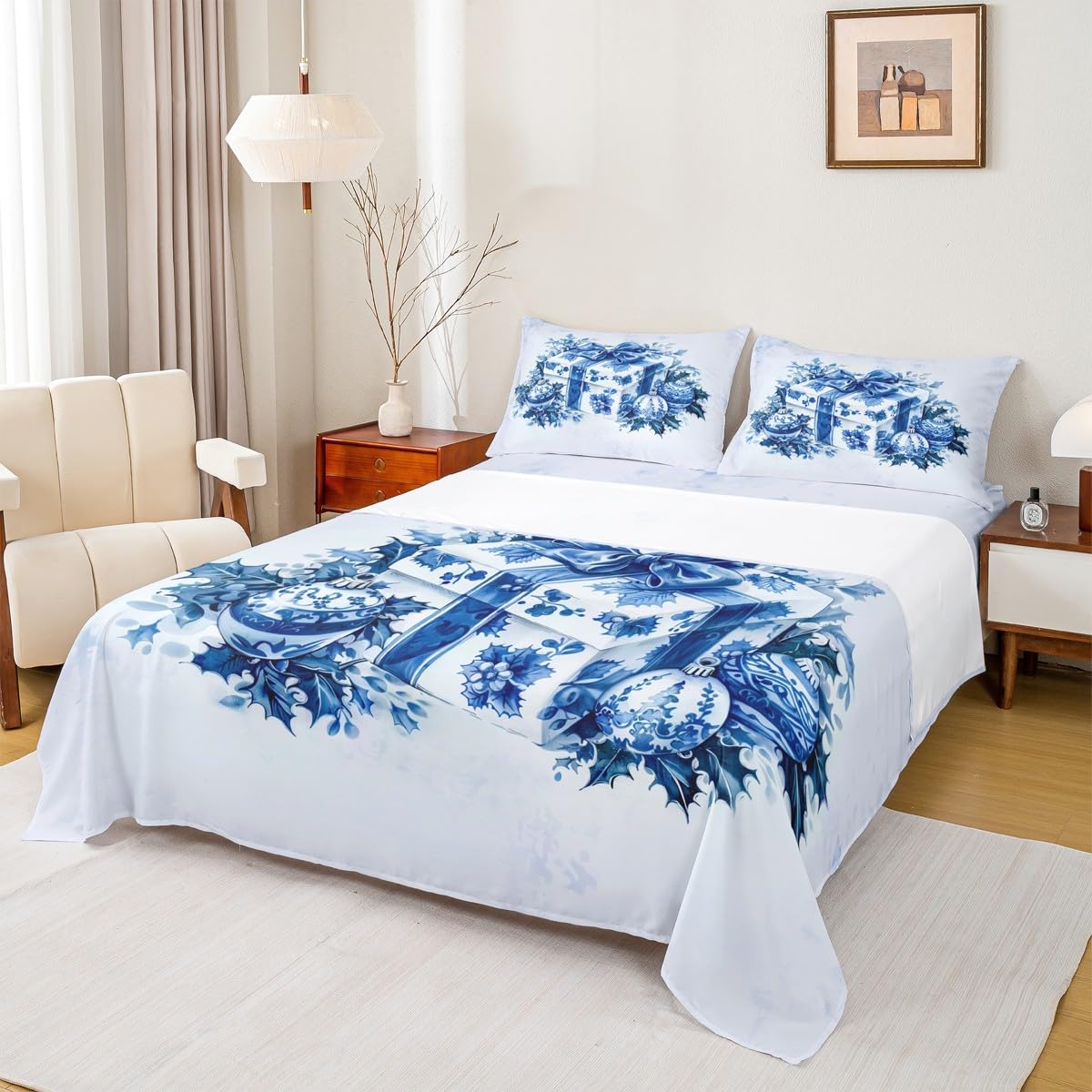 Homewish Juego de sábanas de Navidad con lazo doble, diseño botánico de hojas de porcelana azul y blanco, ropa de cama para adultos, mujeres y niños, ropa de cama cálida y suave, 4 piezas