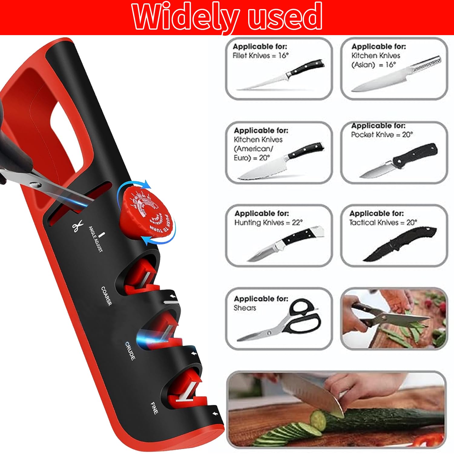 Affilacoltelli Professionale, 4 in 1 Affilacoltelli Manuale con Manopola ad Angolo Regolabile e con Base Antiscivolo, per Affilare Coltelli da Cucina, Forbici ect