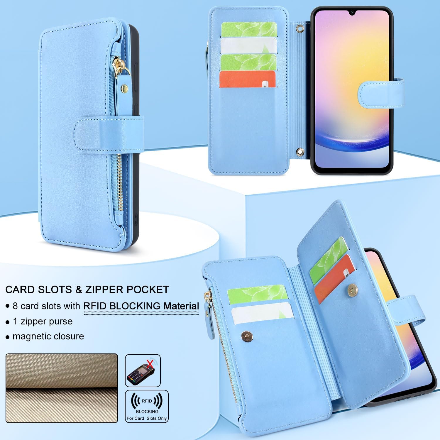 Harryshell Crossbody for Samsung Galaxy A25 5G Case Wallet [8 Card Slots] with [Theft-Scan Blocking],Cash Coin Zipper Pocket Long Shoulder & Wrist Strap for A25 5G (2024) (Sky Blue)