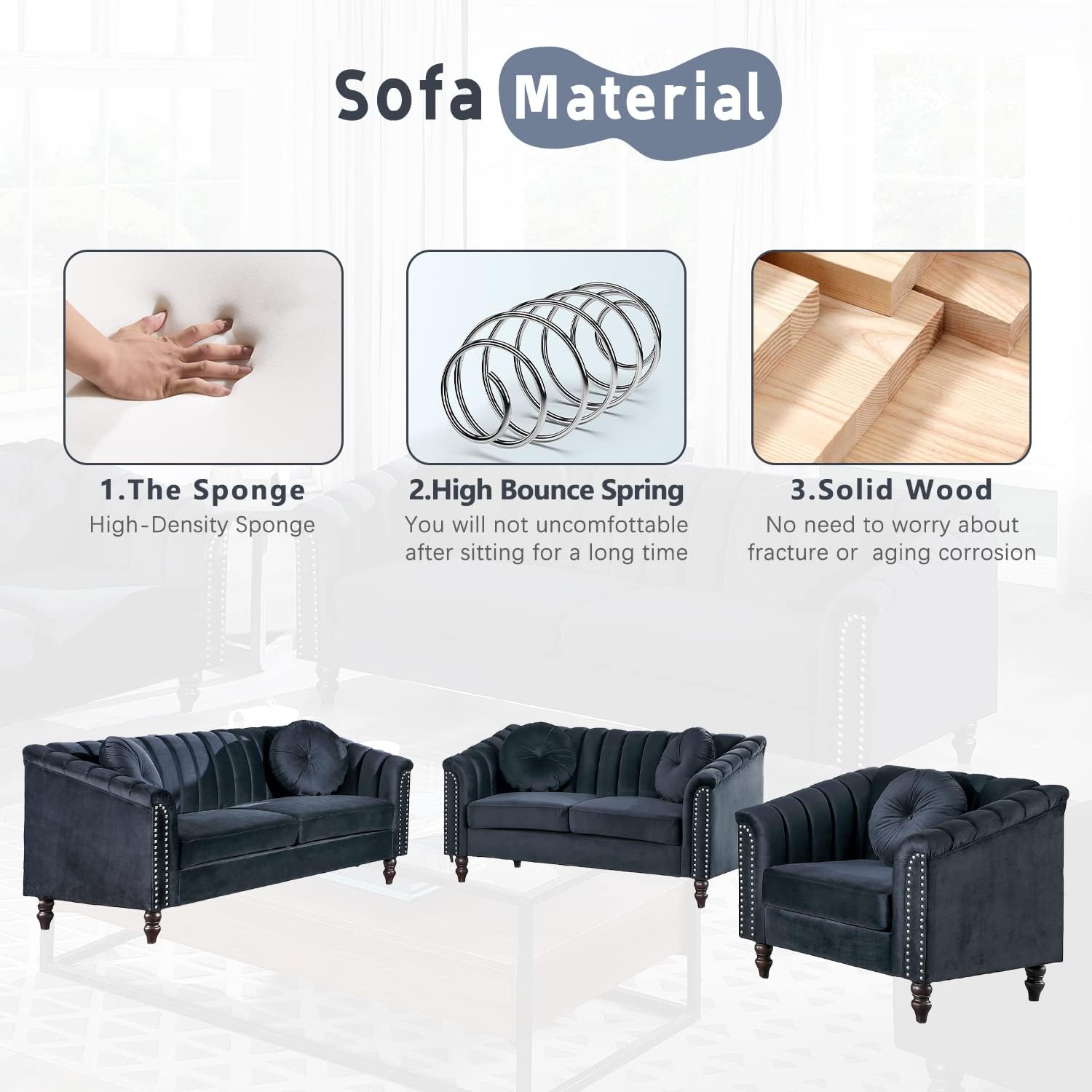 Luxury Velvet Chesterfield Sofa Set,Flannel Armchair, upholstered Rolled Edge armrests, Modern Living Room Sofa Set, Suitable for Living Room, Bedroom, Apartment (Black,Loveseat and Chair)