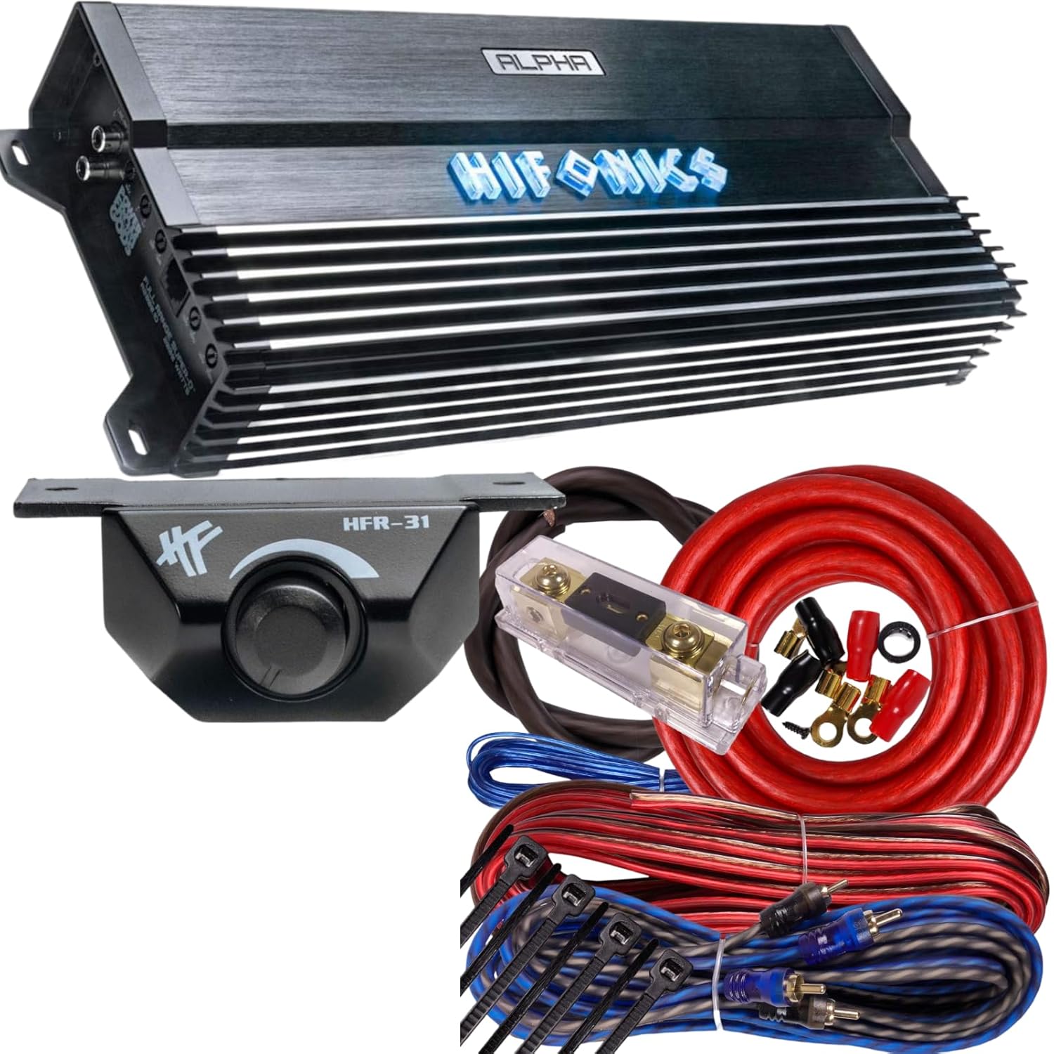 Hifonics Alpha A2000.1D amplifier, O Gauge amp kit, and bass remote