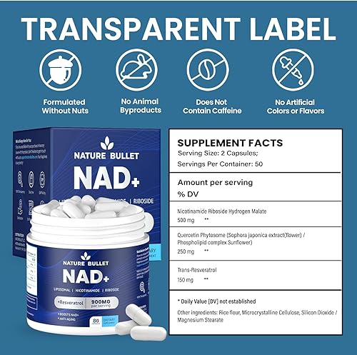 Miniatura 7 de Suplemento NAD+ con resveratrol - Cápsulas liposomales de ribósido de nicotinamida - 900 mg por porción - Apoya la energía celular, el