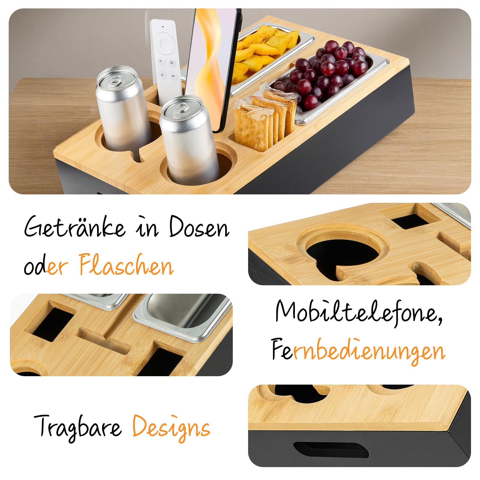 Couchbar Snackbox mit 2 Edelstahlschalen – 5-in-1 Snackbar fürs Sofa aus 100% lackiertem Bambus, wasserfest mit Magnetdeckel & integrierten Getränkehaltern (Schwarz)